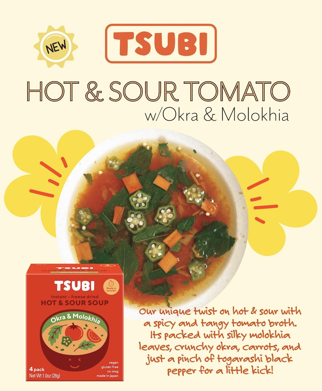 Tsubi Soup Freeze-Dried Tomato Soup Packets - Instant, Vegan, Easy Mix, Gluten & MSG-Free, and Flavorful - Ready in Seconds - Hot & Sour (Okra & Molokhia) Spicy - 4 Packs