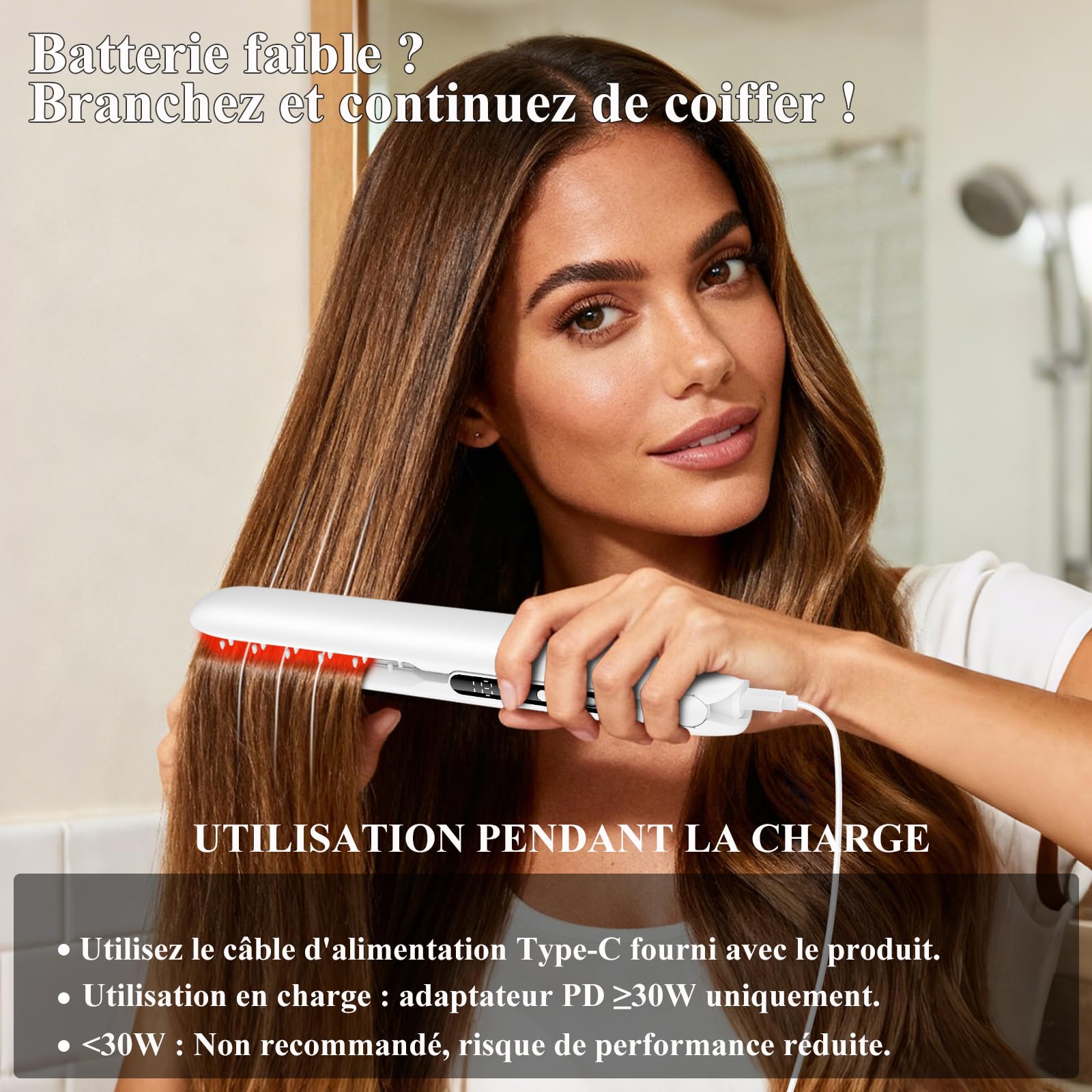 Lisseur Sans Fil, Lisseur Boucleur Cheveux 2 en 1, Mini Lisseur de Voyage sans Fil Rechargeable USB, Lisser Portable Utilisable Pendant la Charge, 3 Niveaux de Température, Affichage LCD