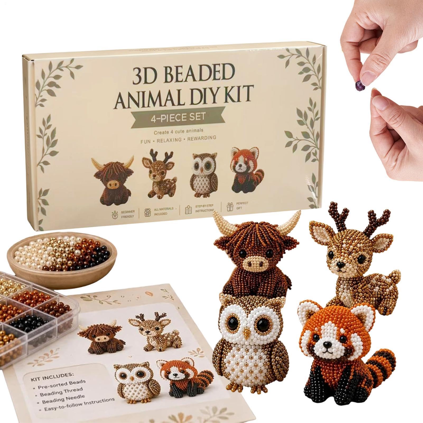 Mini 3D Beaded Animal DIY Kit – Beading Craft Set for Adults & Beginners – 4 Designs with Instructions – Portable Creative Gift for Hobbyists & Designers