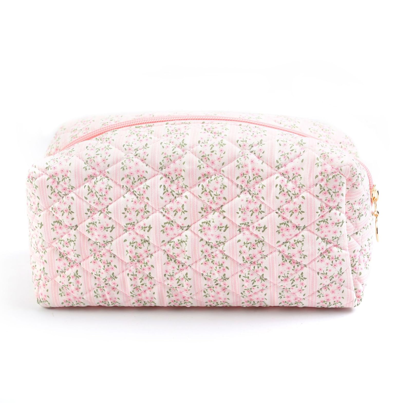 Floral Makeup Bag, Cute Quilted Makeup Toiletry Bag, Zipper Cosmetic Pouch, Daily Travel Use Skincare Bag, Multipurpose Organizer Bag (Blossom Blush