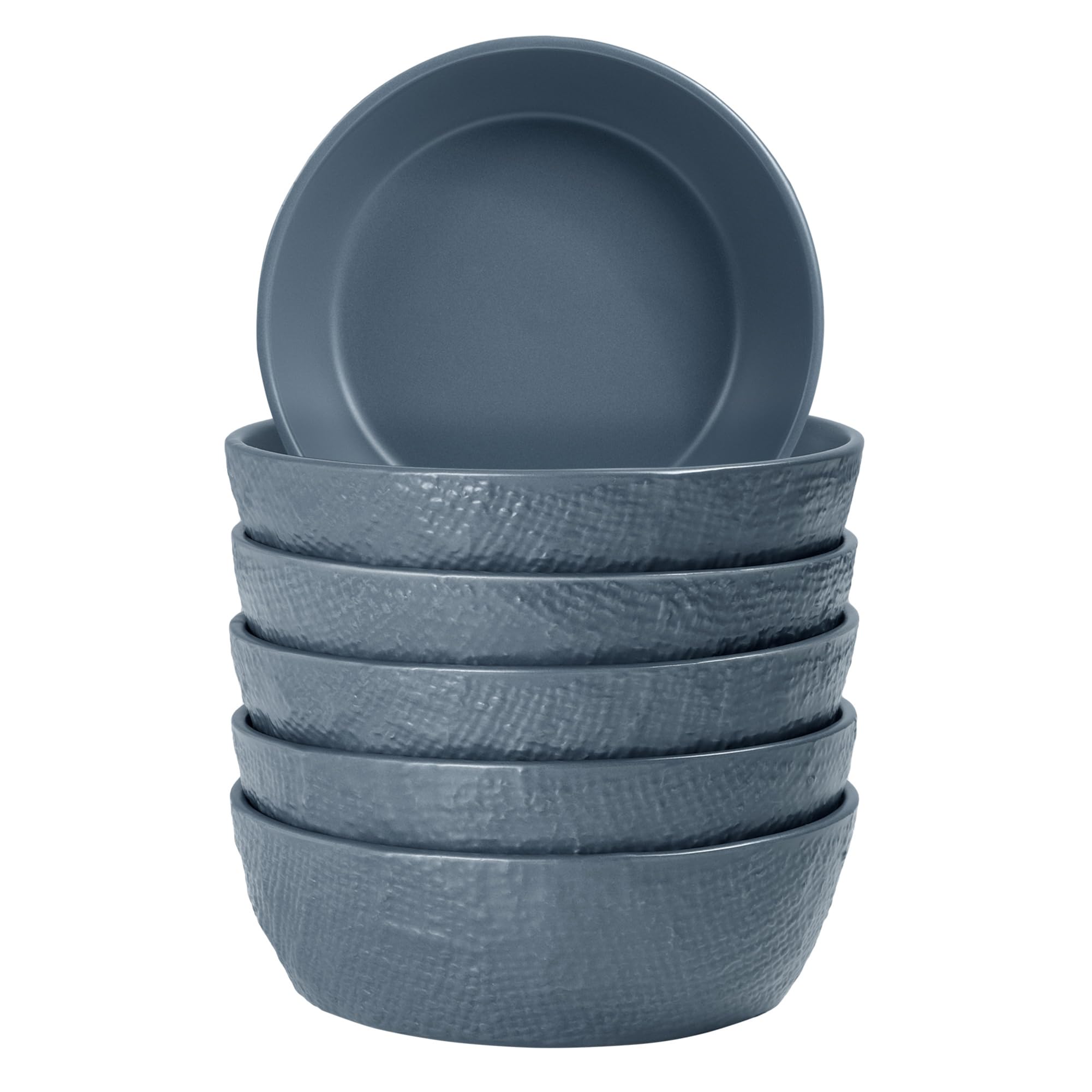 Navaris Set of 6 Cereal Bowls ⌀ 15cm - Ceramic Bowl also for Soup or Dessert - Artisanal Linen Textured Design - Dishwasher & Microwave Safe - Smokey