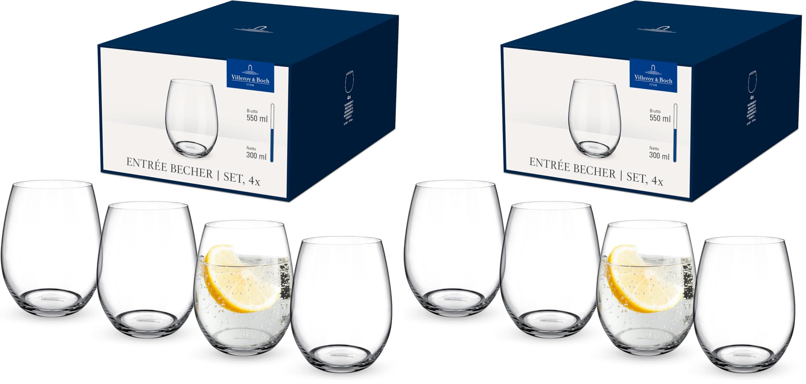 Villeroy & Boch - Entree Wasserglas Set 4-teilig 250 ml Klar, Spülmaschinenfest, Trinkgläser, Wassergläser, Trinkgeschirr, Gläser Set für Dessert, Smoothies oder Saft, Kristallglas (Packung mit 2)