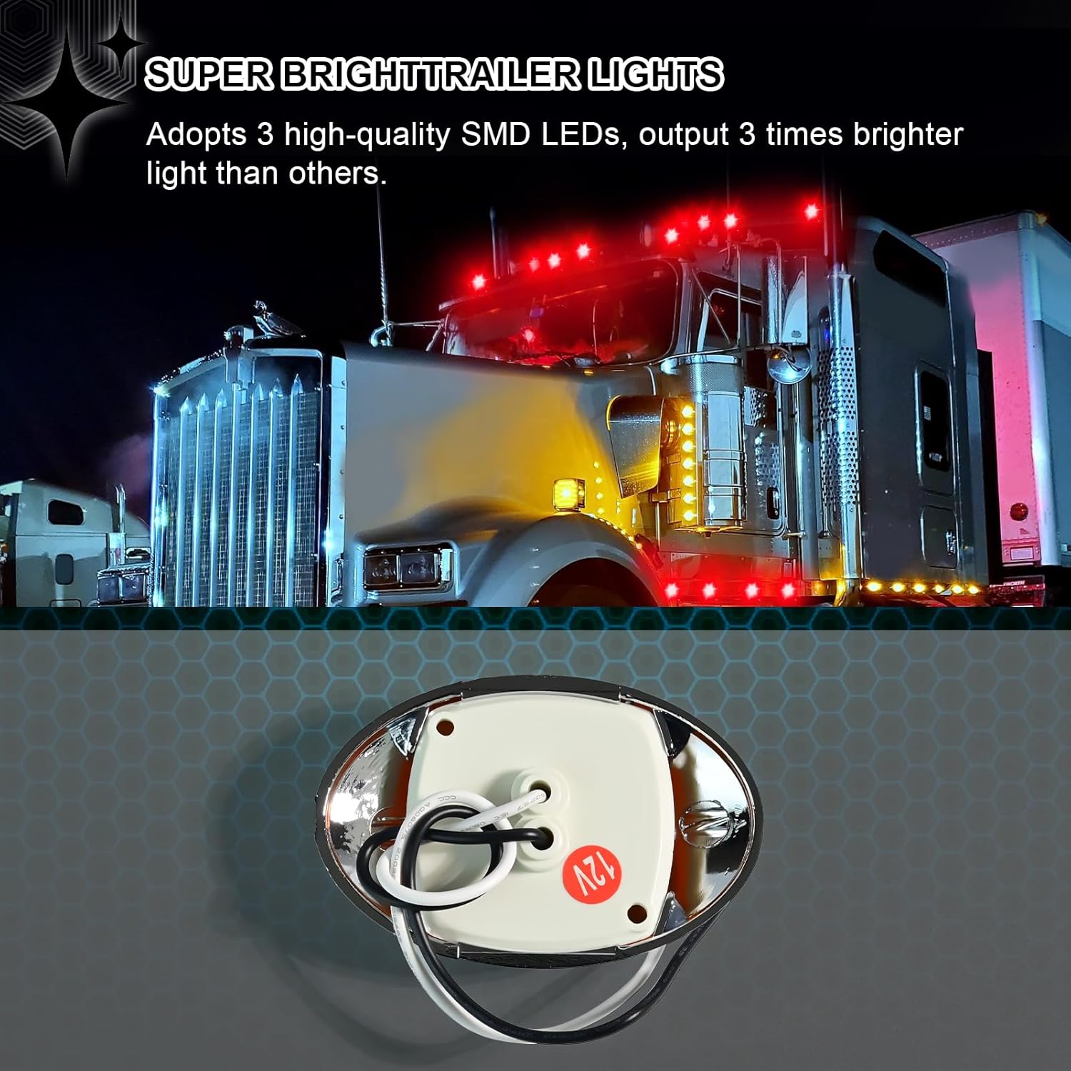 10Pcs 3"x2" Amber Lens Amber LED Side Marker Clearance Lights, Ultra-Bright 3 LED Oval Chrome Waterproof for Peterbilt Kenworth Freightliner Semi Truck Trailers, 12V