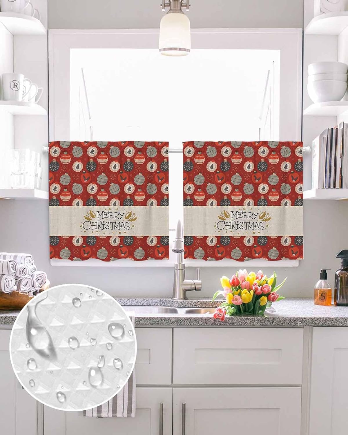 Merry Christmas Kitchen Bathroom Window Tiers Curtains