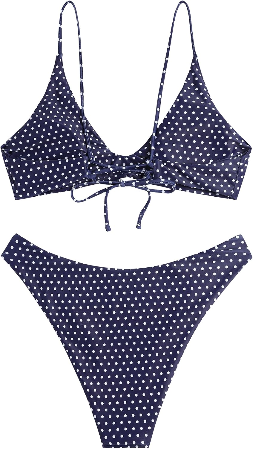 ZAFUL Women's Tie Back Padded High Cut Bralette Bikini Set Two Piece Swimsuit