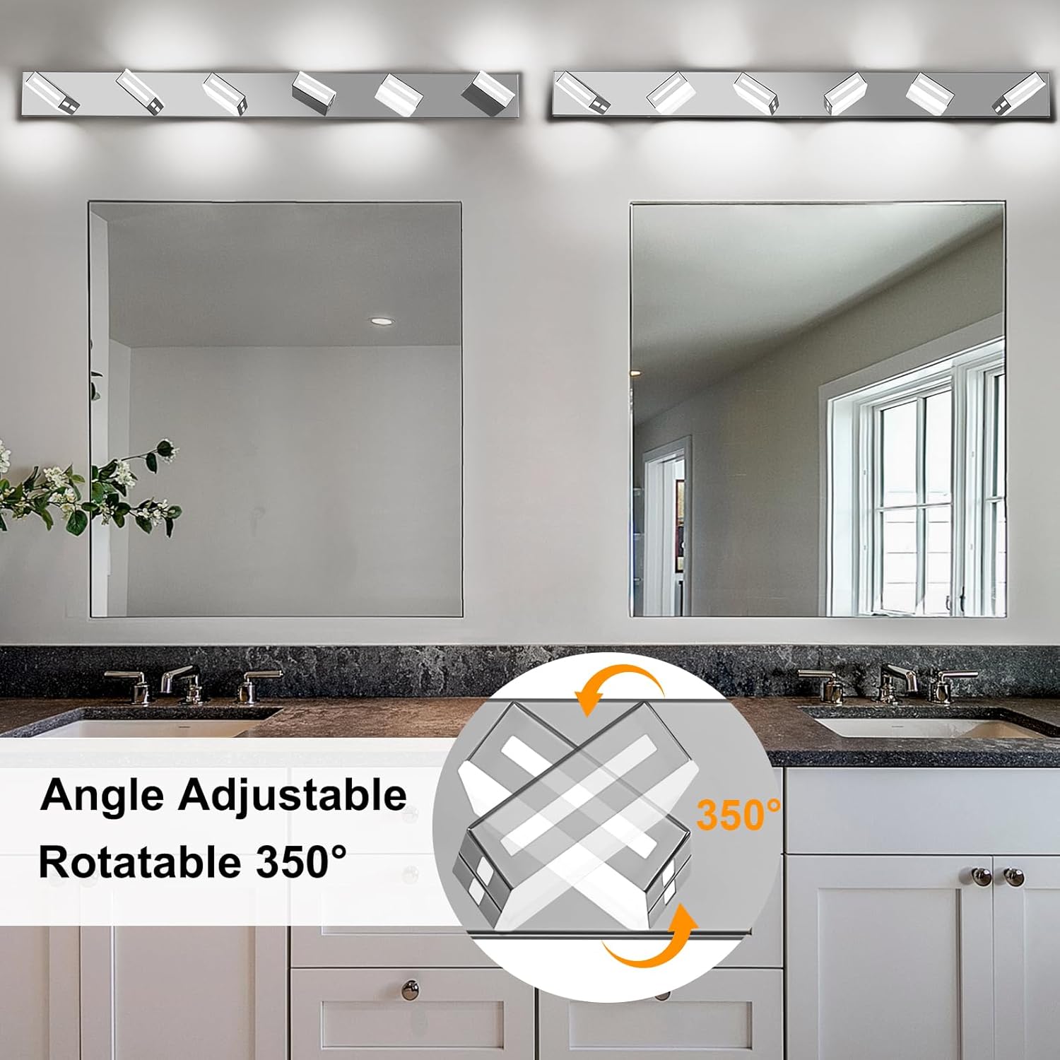 LED Modern Bathroom Light Fixtures, 6-Light 48-Inch Chrome Vanity Lights for Bathroom Lighting Fixtures Over Mirror, 6000K Cool White 350° Rotatable Wall Lamp