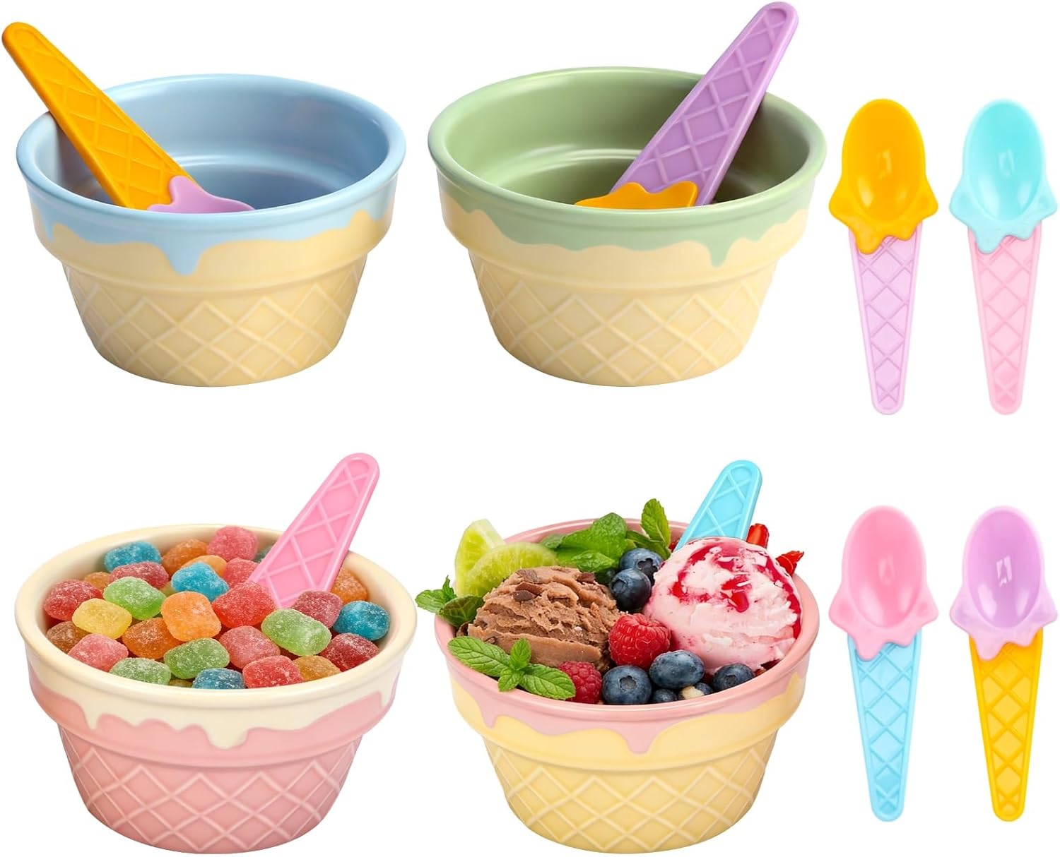 4 Pcs Ceramic Ice Cream Bowls, 9 oz Porcelain Dessert Bowls with Spoons, Reusable Dessert Sundae Cups, Lovely Small Snack Containers for Pudding, Yogurt, Treats