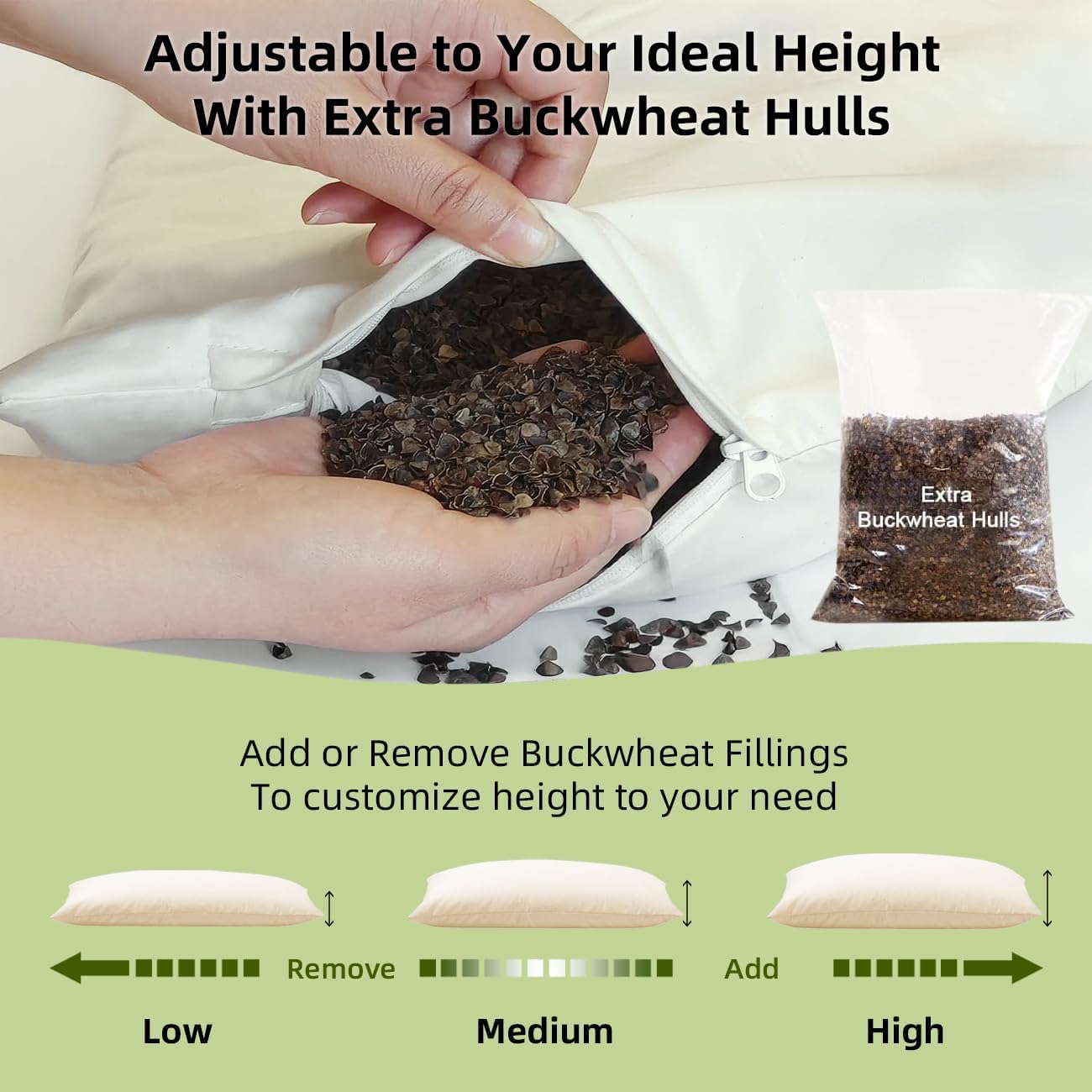 USlixury Organic Buckwheat Pillow for Sleeping with Extra Organic Pillowcase and Hulls, 20"X26" Buckwheat Hull Pillow, Adjustable Height and Firmness, Firm Neck Support for Side Sleepers, Cool, White