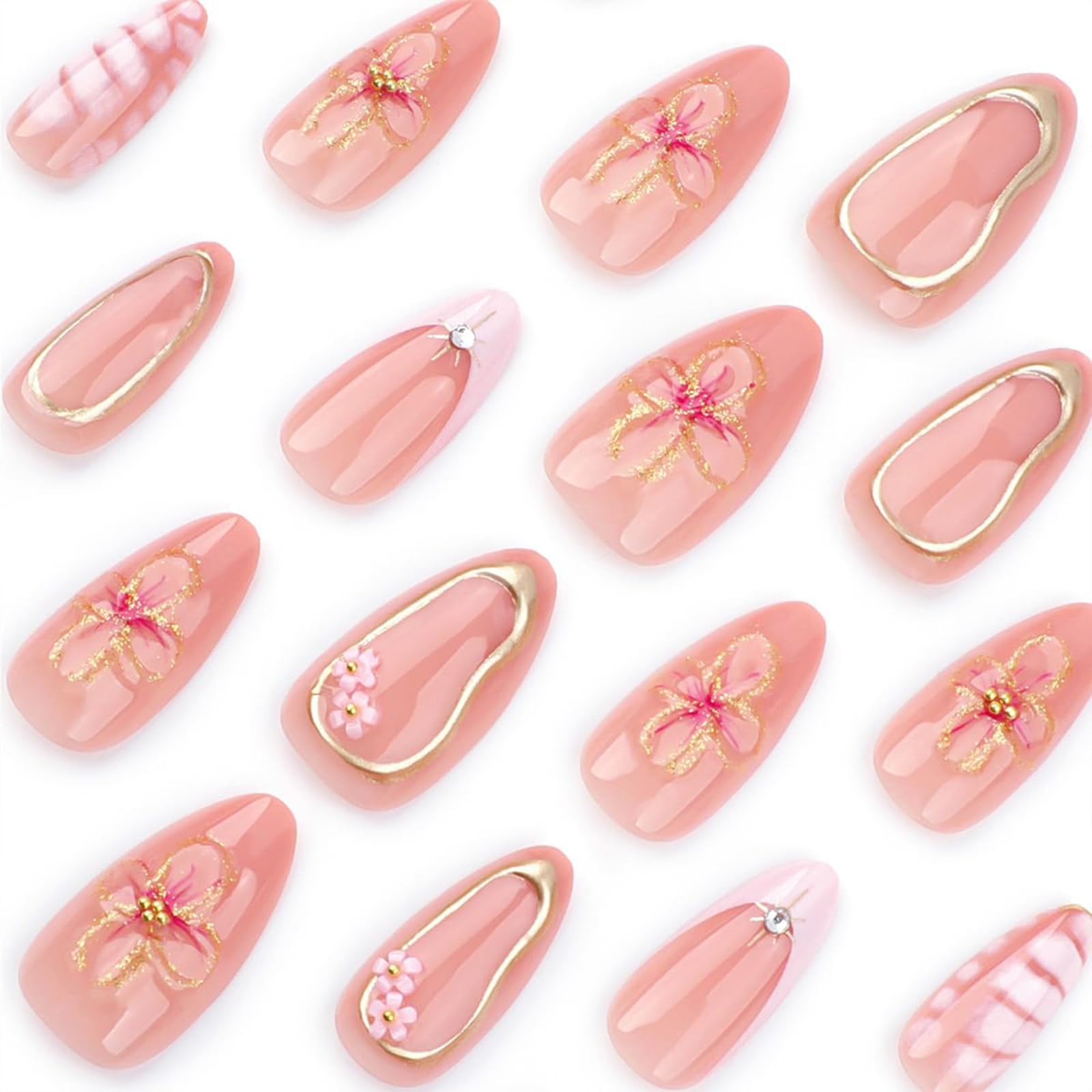 GlamRays 24 Piece Spring Flower Press-on Nails Short Almond Nude Pink Nail Caps Acrylic Nail Kit 3D Flower Pearl Jewellery Nail Art False Nails - Image 3