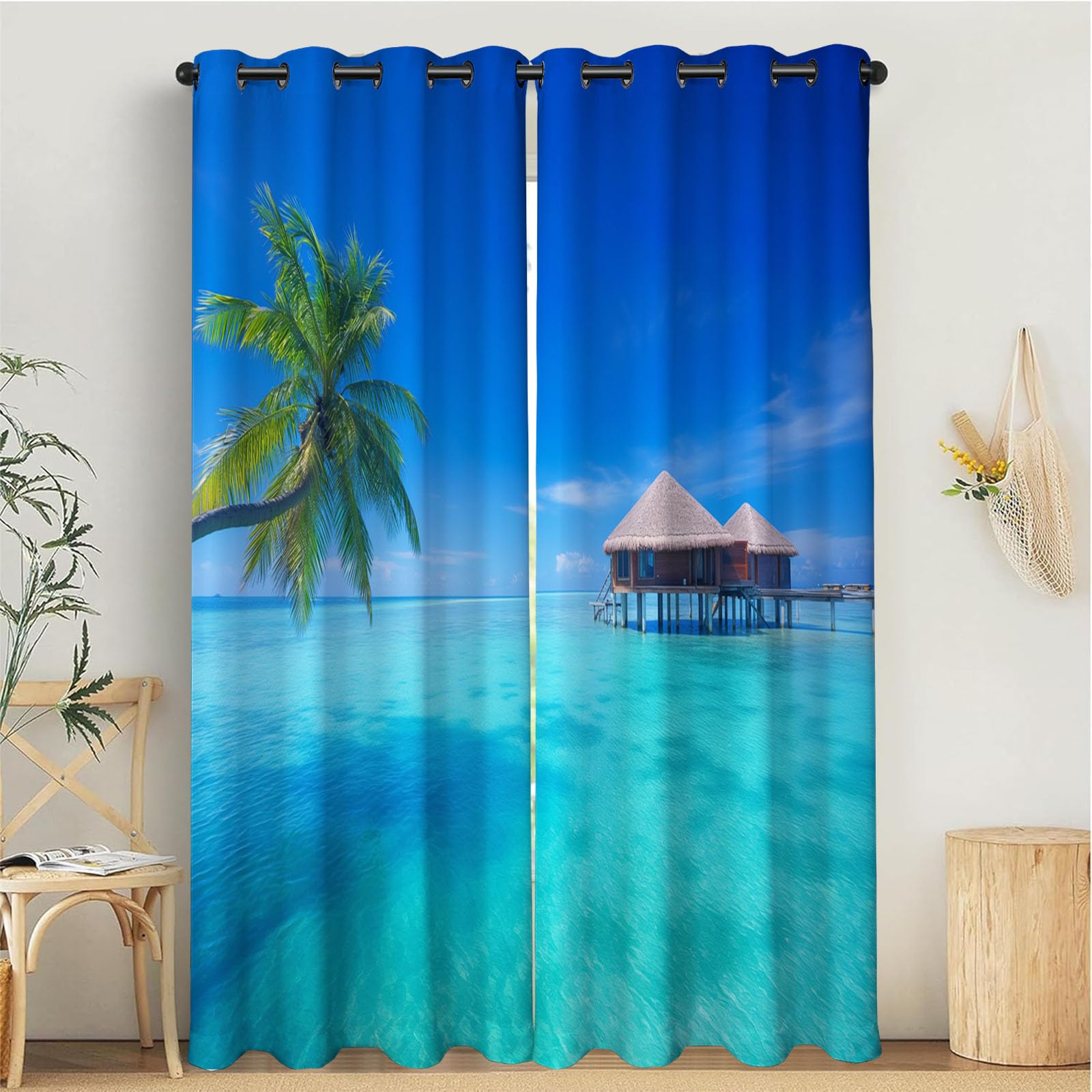Rideaux paysage tropical et cabane de mer pour décoration salon exotique 140x175cm