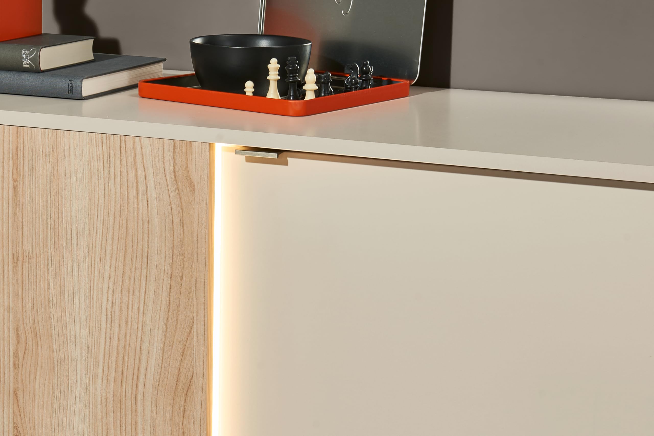 AVANTI TRENDSTORE - Ciampino - Parete da soggiorno in laminato cashmere/riva oak, composta da un mobile Tv, scaffale a parete e illuminazione a LED. Dimensioni ca. LAP 238x202x40 cm