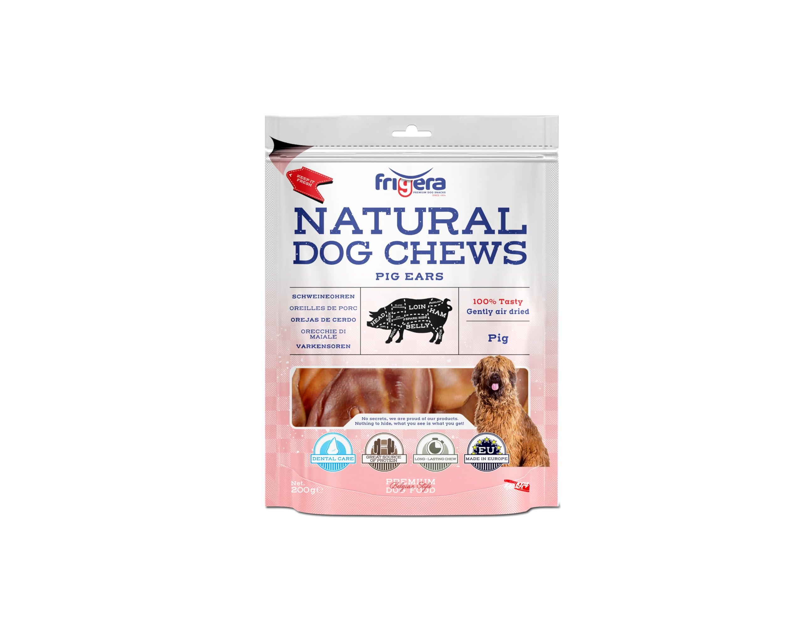 Frigera Orecchie di maiale 200 g – Deliziosi naturali ricchi di proteine per cani, senza glutine e cereali, a lunga durata.