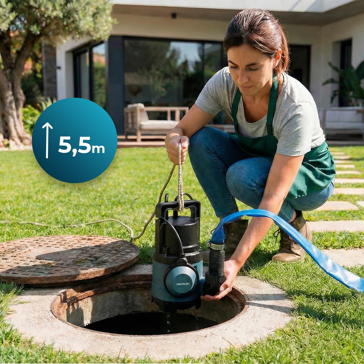 Cecotec Pompa per Acque Scure Axike 400 Dark. 400W, Portata 8000L/h, Altezza 5,5m, Profondità 7m, Particelle 25mm, Interruttore Galleggiante, IPX8, Cavo 10m, Corda 8m, Svuota Molto Velocemente Tutto