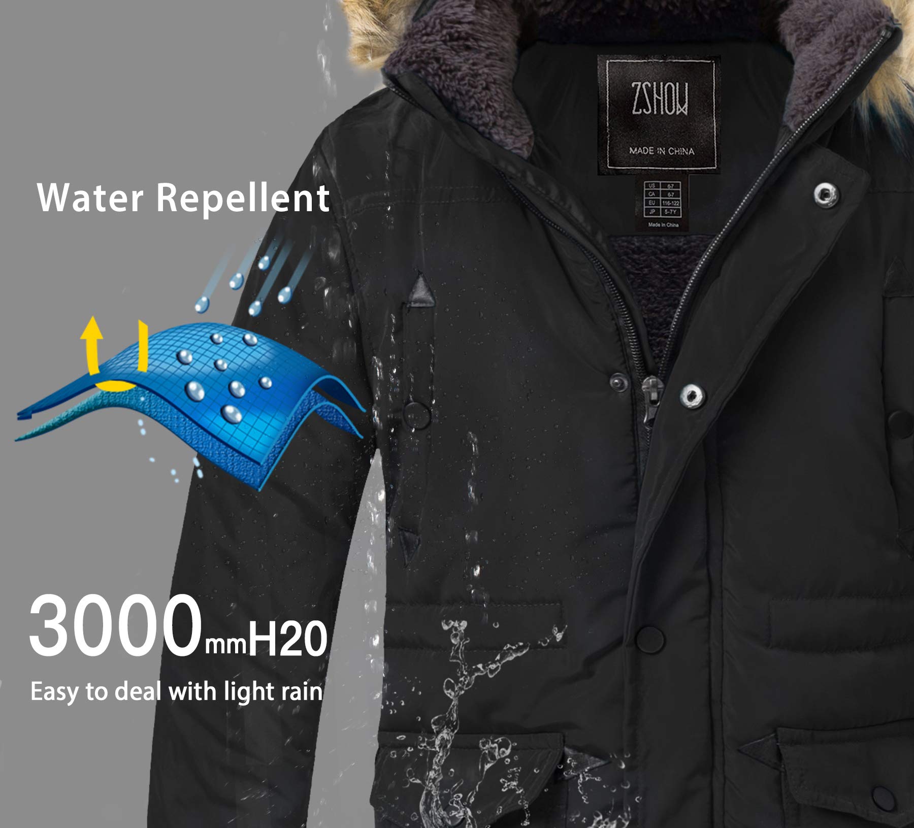 ZSHOW Garçons Hiver Coton Manteau Rembourré Imperméable Veste Fourrure Synthétique Capuche Manteaux Chauds Veste Matelassée Parka Coupe-Vent