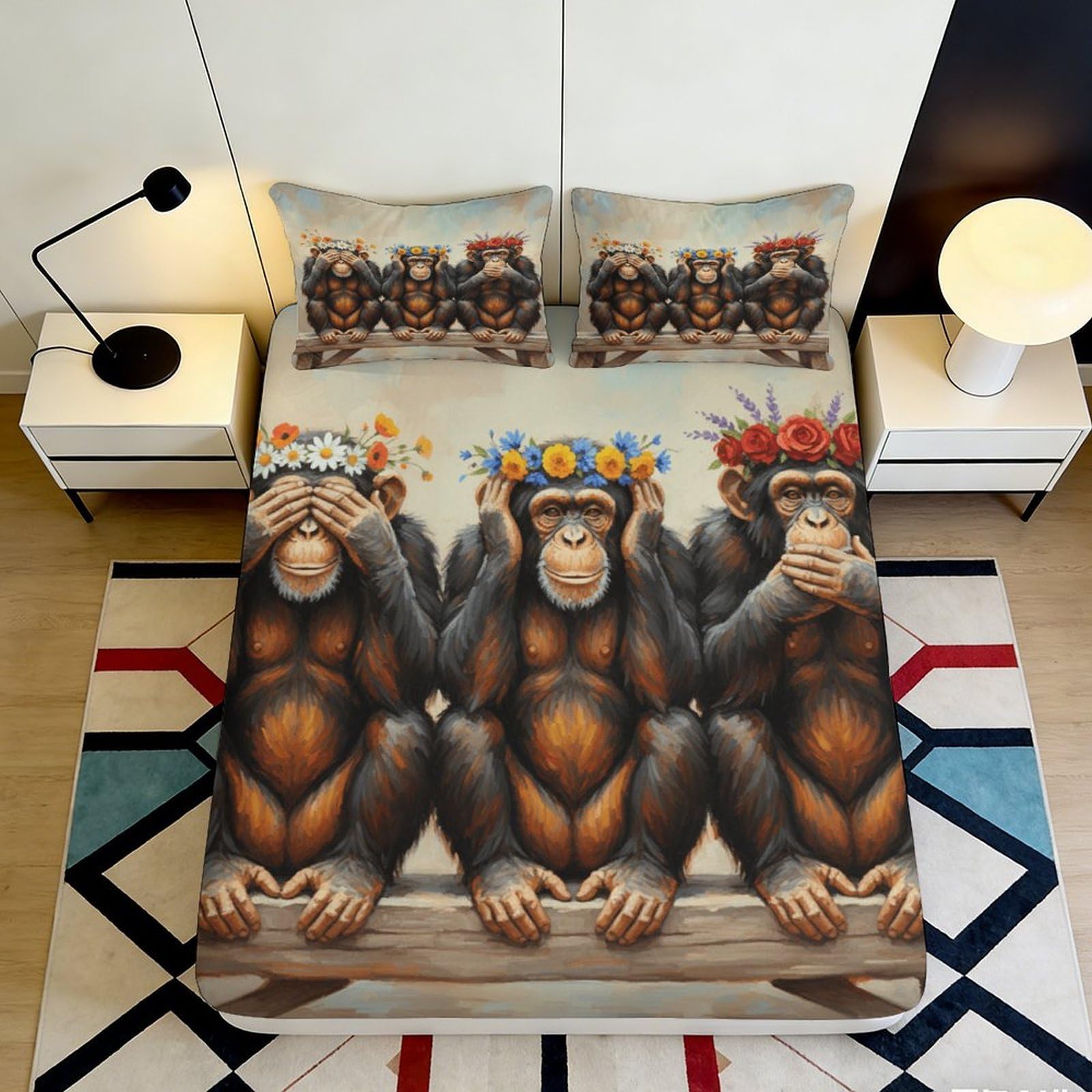 3D Printed playful monkey pattern Fitted Sheet, soft touch Microfiber, wrinkle resistant, apartment bedding, home decor piece, dustproof, easy care, bedroom accent, guest room bedding 90x200x25cm