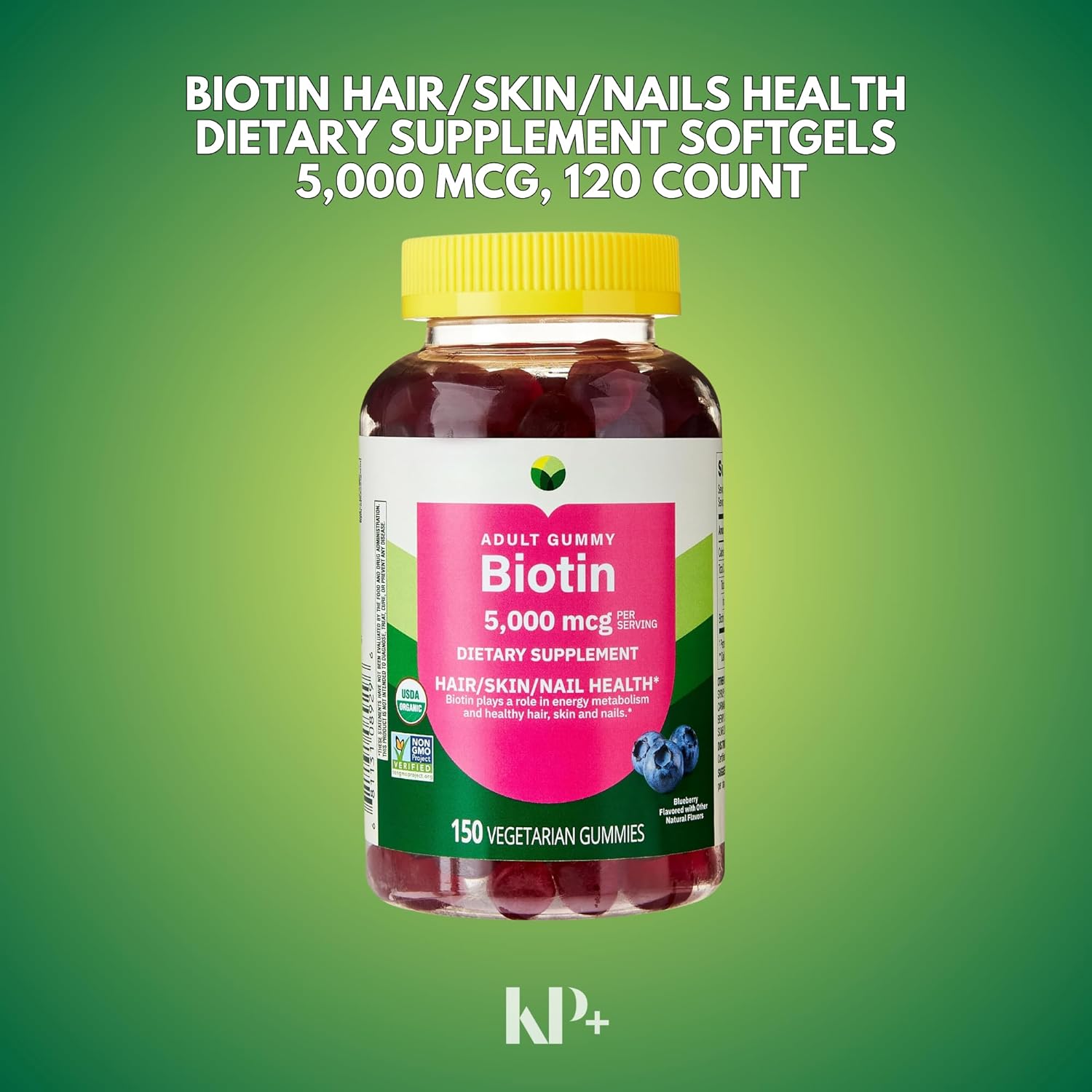 KP+ Biotin | Biotin 5,000 mcg Gummies | Supports Hair, Skin & Nail Health | 150 Vegetarian Gummies | Blueberry Flavor | Pack of 1