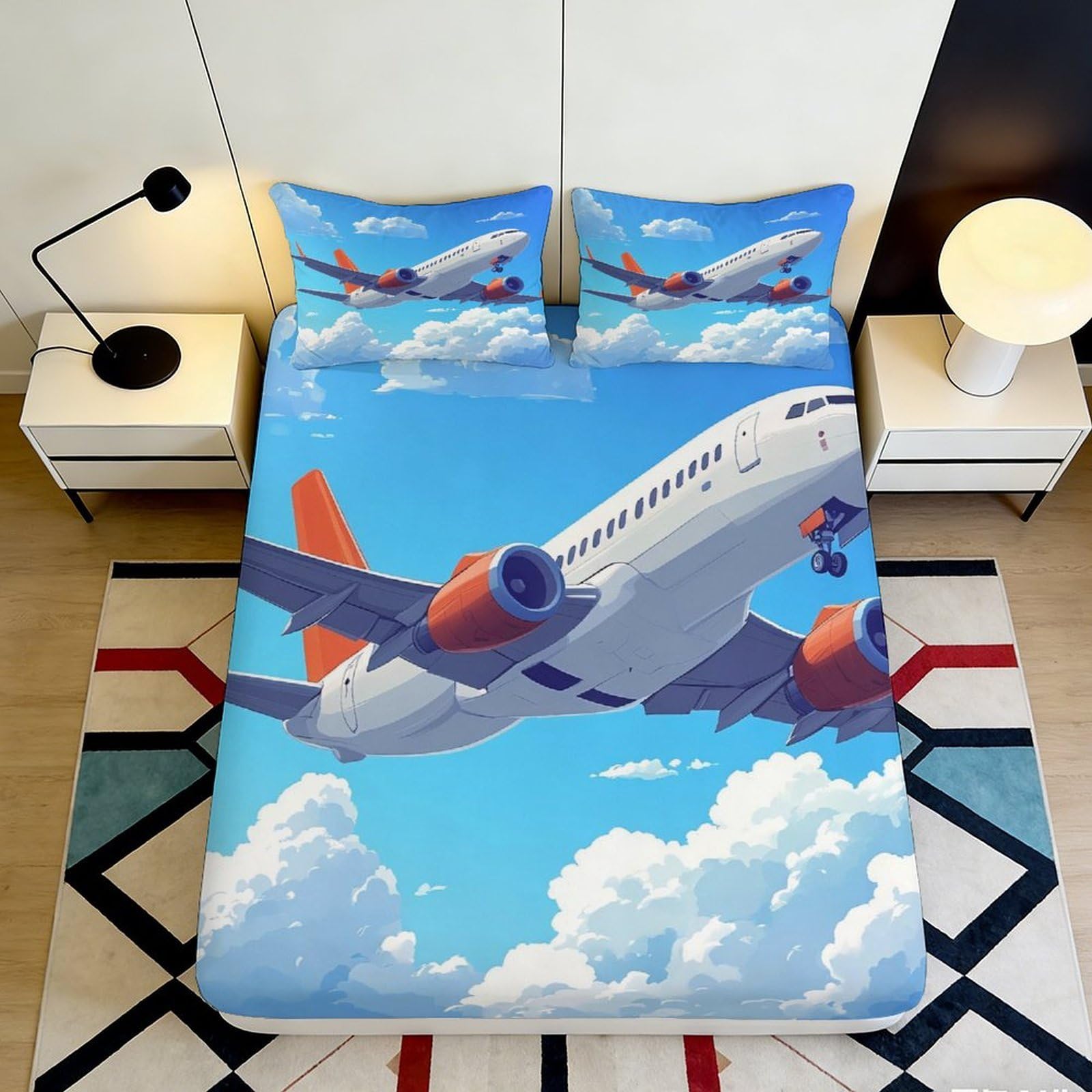 3D Printed Airplane Sky Fitted Sheet Microfiber Soft Orange Blue Clouds Bed Sheet for Bedroom Guest Room Decor 90x200x25cm