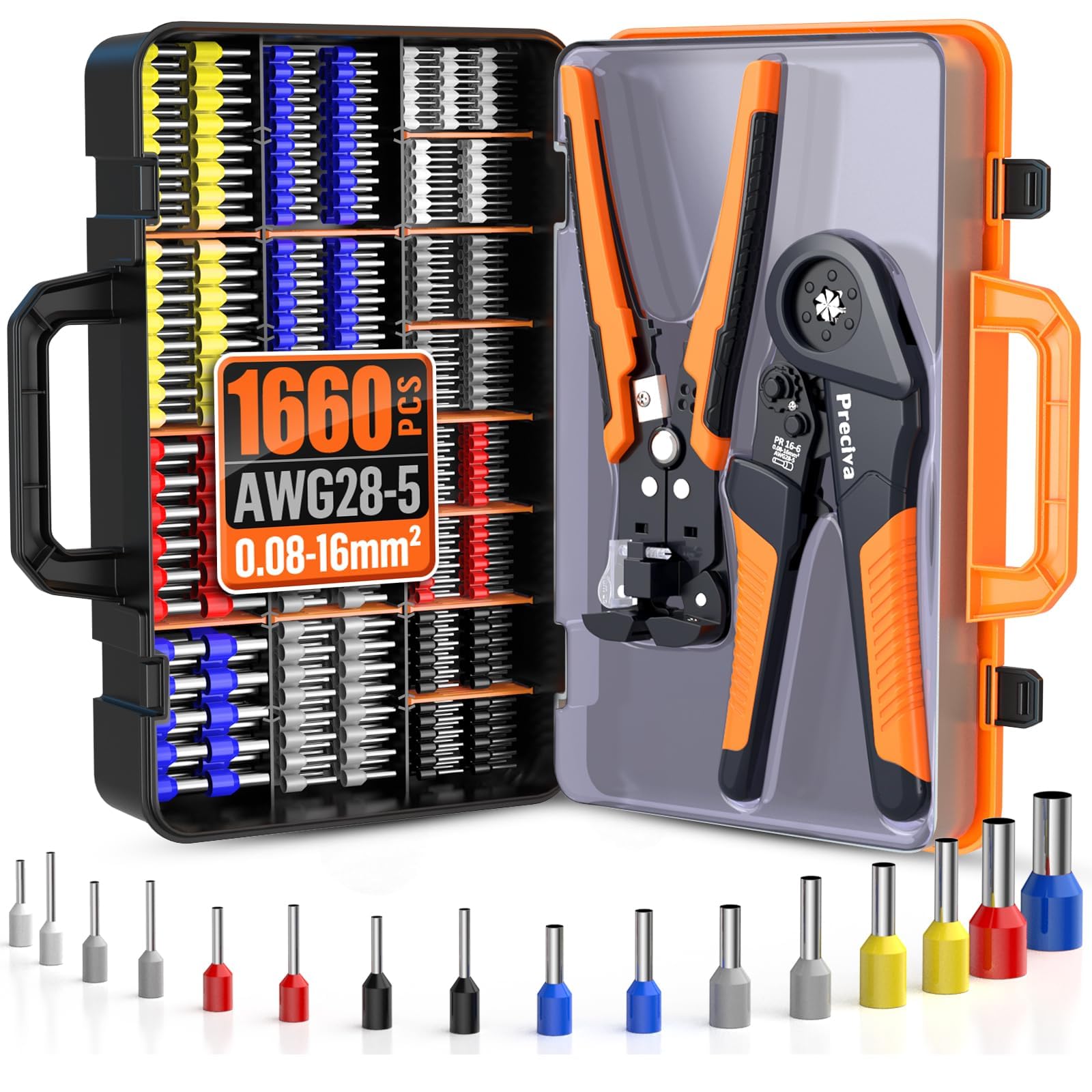 Preciva Hexagon Ferrule Crimping Tool Set with Wire Stripper & 1660pcs Terminals – 0.08‑16mm² (AWG28‑5) | Insulated & Non‑Insulated Cable Connectors | Portable Toolbox for Electrical Work