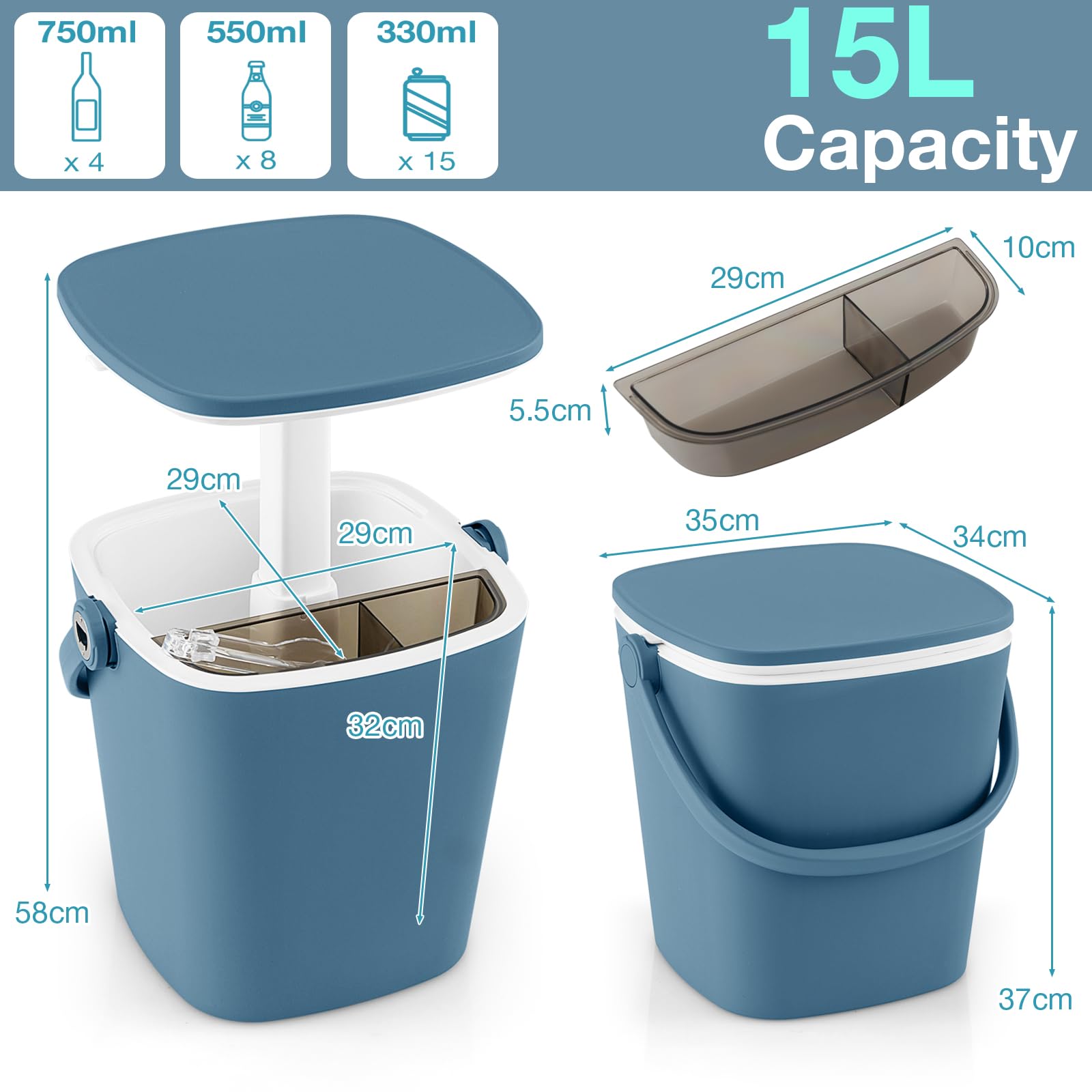 SOARS Bar Exterieur 3 en 1 15L Table d'Appoint Réglable en Hauteur 35 x 34 x 37-58 cm avec Boîte à Glace, Pince, Refroidissiment Jusqu'à 6H, Table pour Jardin Piscine Salon Chambre Bleu