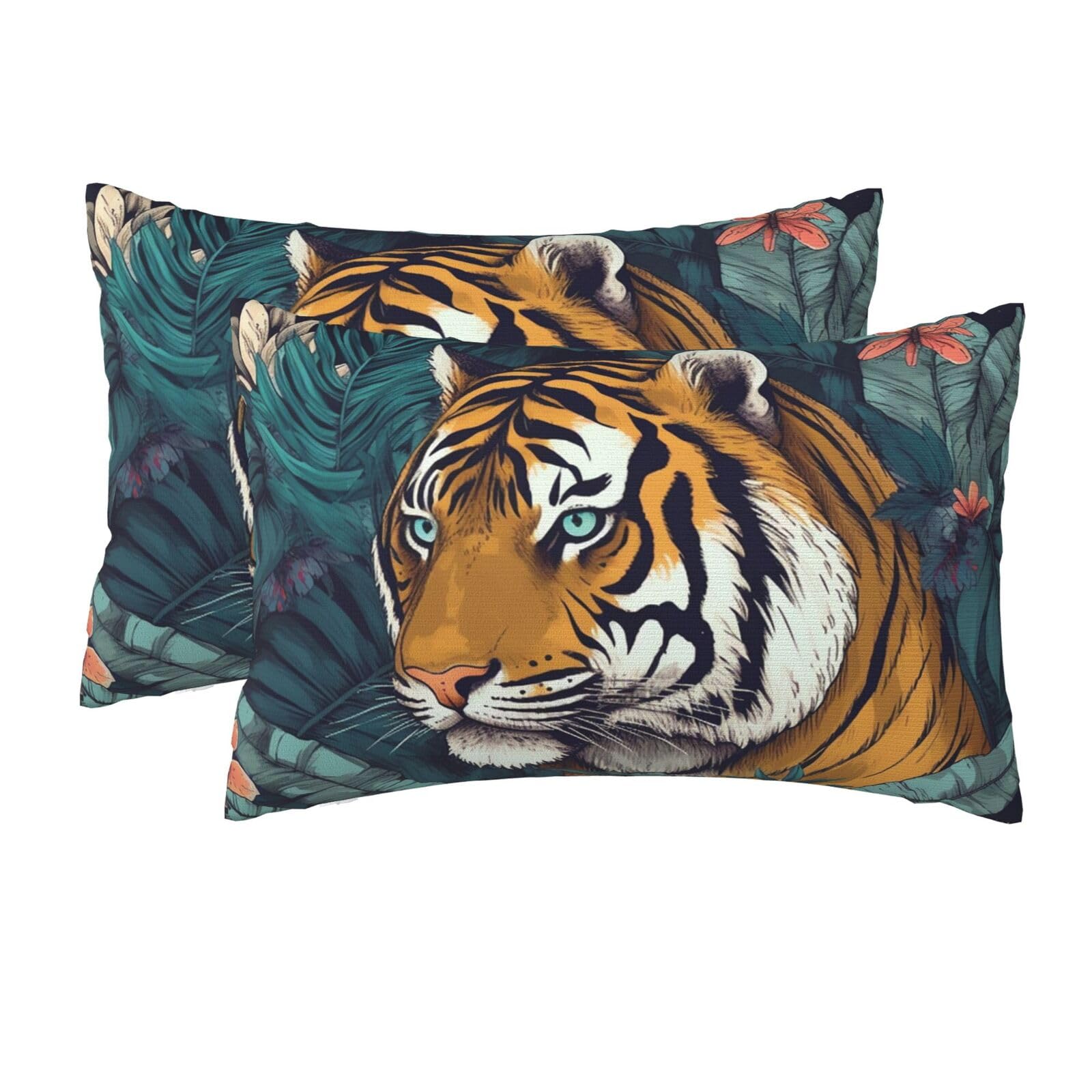 2 Pack Queen Pillow Cases with Hidden Zipper, Soft Breathable Pillow Covers for Hair and Skin, Tropical Tiger Pillowcases 20"x30" Bed Pillow Protectors Cover for Sleeping Gifts