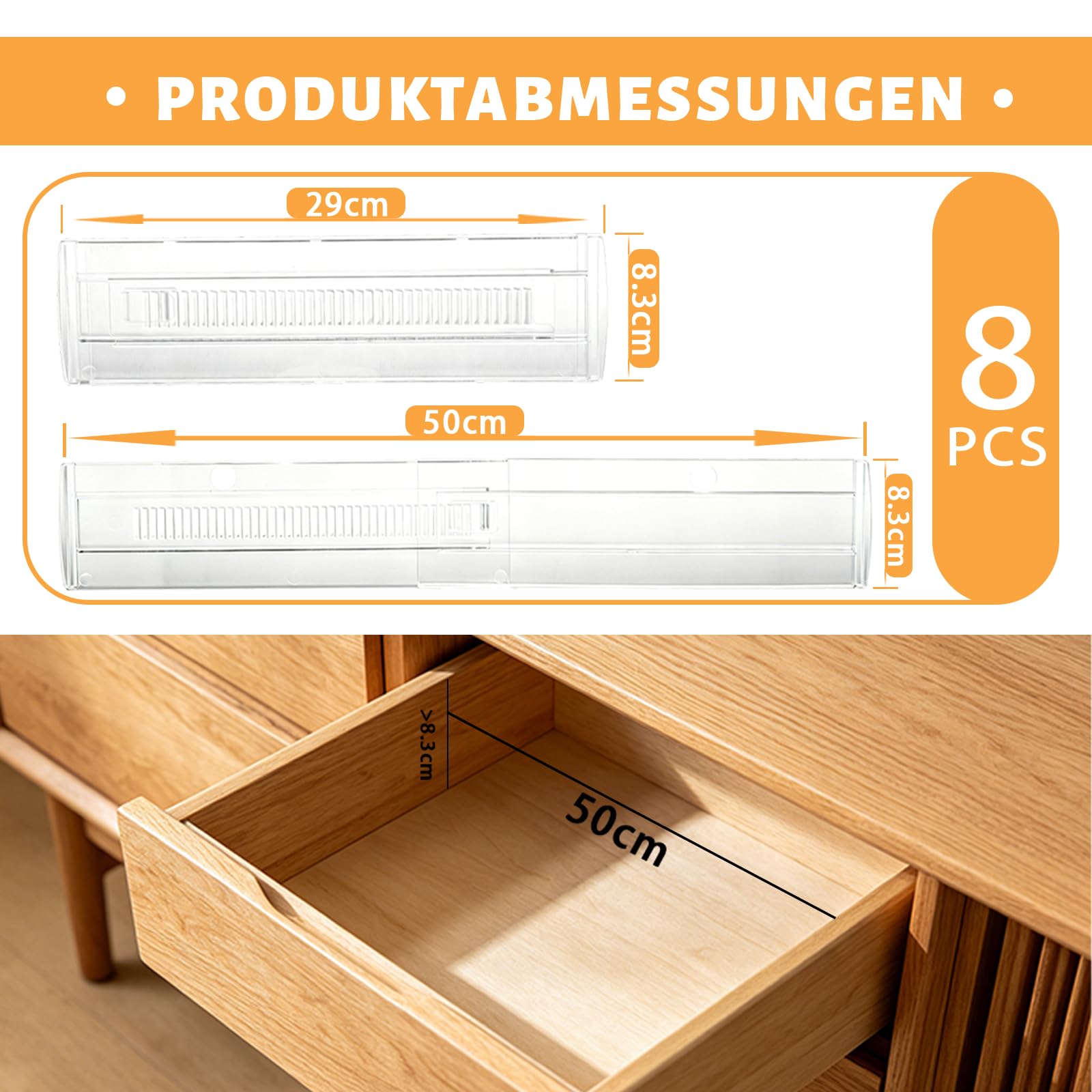 Schubladentrenner, 8 Stück durchsichtige Kunststoff Schubladen Trenner, verstellbar 28,5-50,5 cm, Aufbewahrung für Küche und Schlafzimmer
