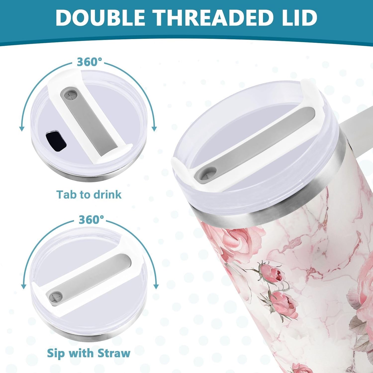 ALAZA Roses Pink White Marble 40 oz Tumbler Water Bottle with Straw Lid and Handle,Reusable Insulated Stainless Steel Cup for Women Men Travel Car Cup Holder