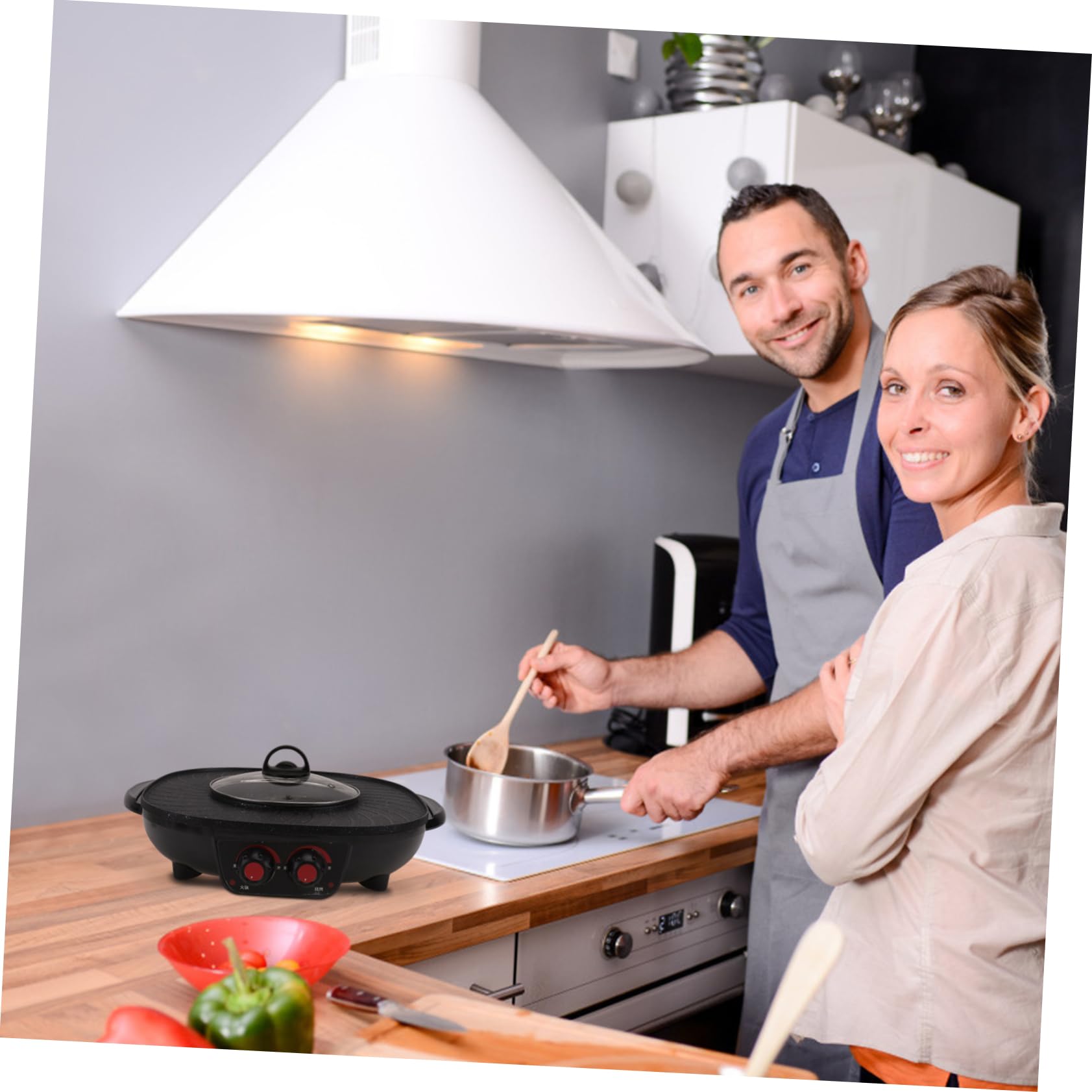 Pot Chaud Électrique Multifonction Noir en Fer avec Contrôle Double, Chauffage Rapide et Uniforme, sans Fumée, pour Barbecue et Fondue en Famille