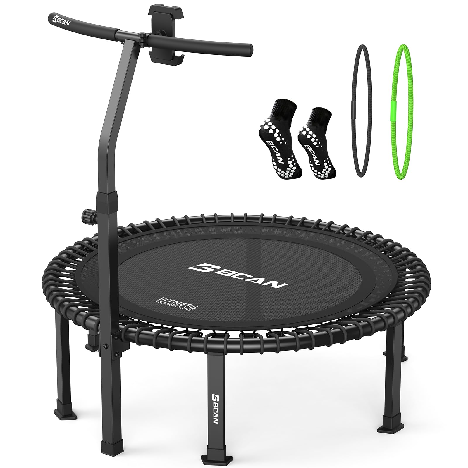 BCAN BT4 Soft Land Pro Trampoline élastique à rebond pour adultes, capacité de charge 180 kg, corde élastique et poignée avec tension réglable, cadre monobloc, support pour téléphone portable et