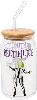 Tim Burton Beetlejuice Glass Jar Tumbler with Bamboo Lid and Glass Straw, 16 Ounces