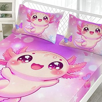 AILONEN Cute Axolotl Fitted Sheet Set Twin XL Size, Cartoon Axolotl Bedding Set for Kids Girls,Wildlife Animals Salamander Bed Sheet Set 3Pcs for Bedroom Decor,1 Fitted Sheet and 2 Pillowcases,Soft