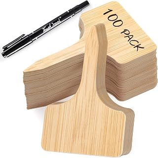 VITEVER 100 Pack T-Shape Waterproof Plant Labels with Marker Pen - Wood Design Garden Tags for Pots & Outdoor Plants, 3.9x2.4 Inch