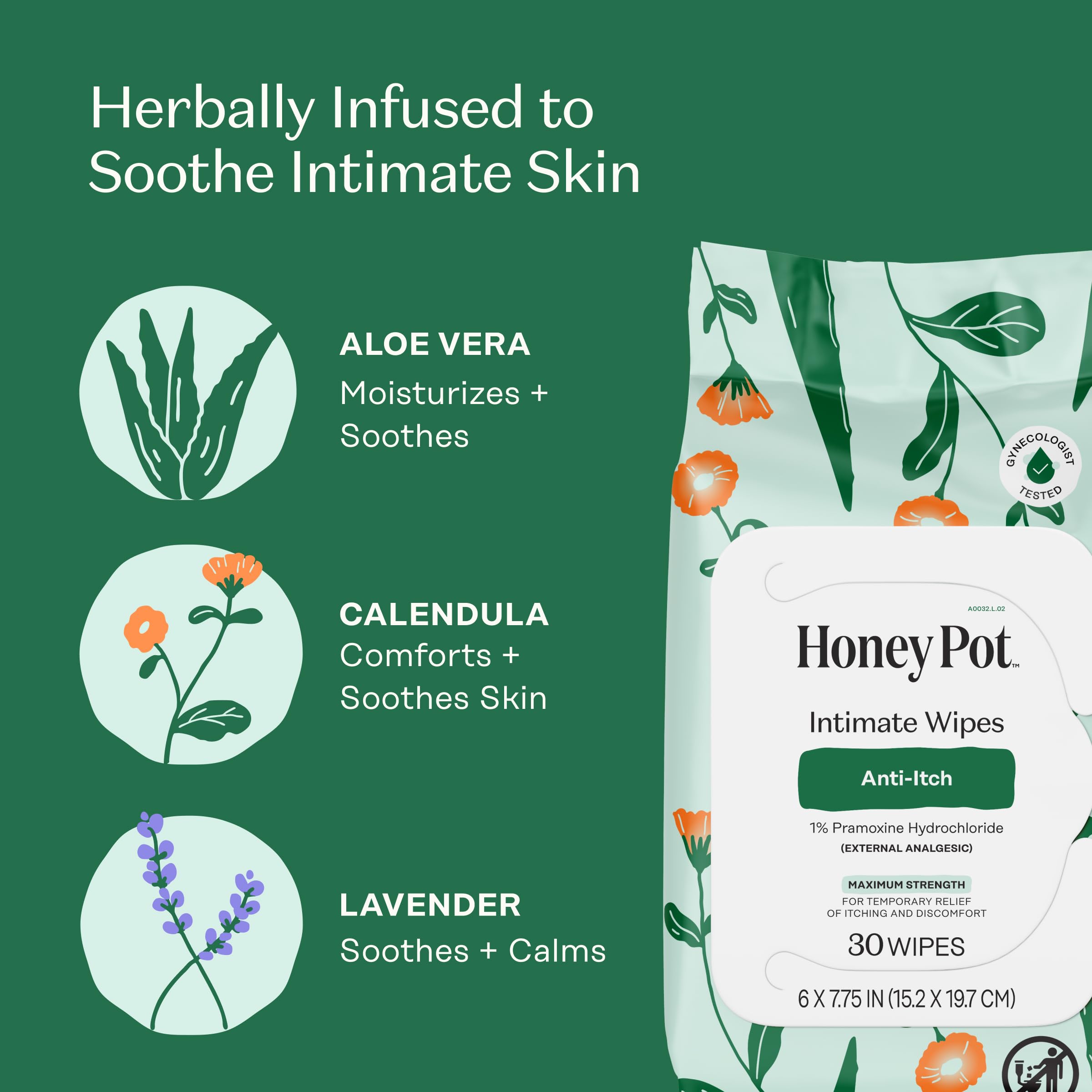 The Honey Pot Company - Anti-Itch Soothing Feminine Wipes - At Home or On the Go Medicated for Temporary Relief of Itching and Discomfort - Maximum Strength - 30 ct.