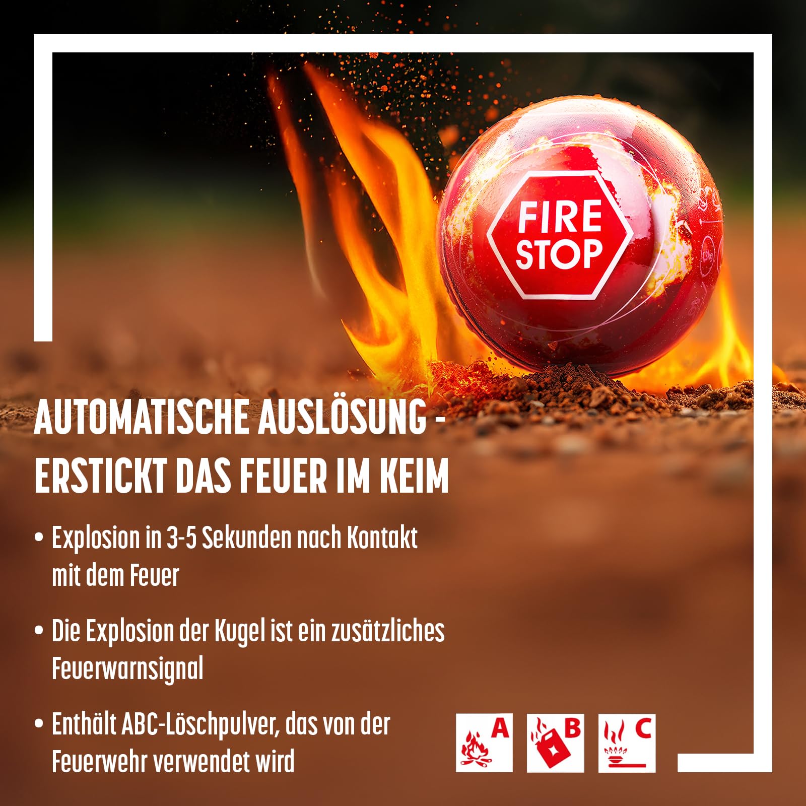 Feuerkugel - Feuerlöscher ABC - Feuerlöscher Auto - Feuerwehr Zubehör - Feuerlöscher 4kg - Feuerlöscher klein 25x25x25 cm mit Feuerlöscher Halterung - Automatische Reaktionszeit 3-5 Sekunden