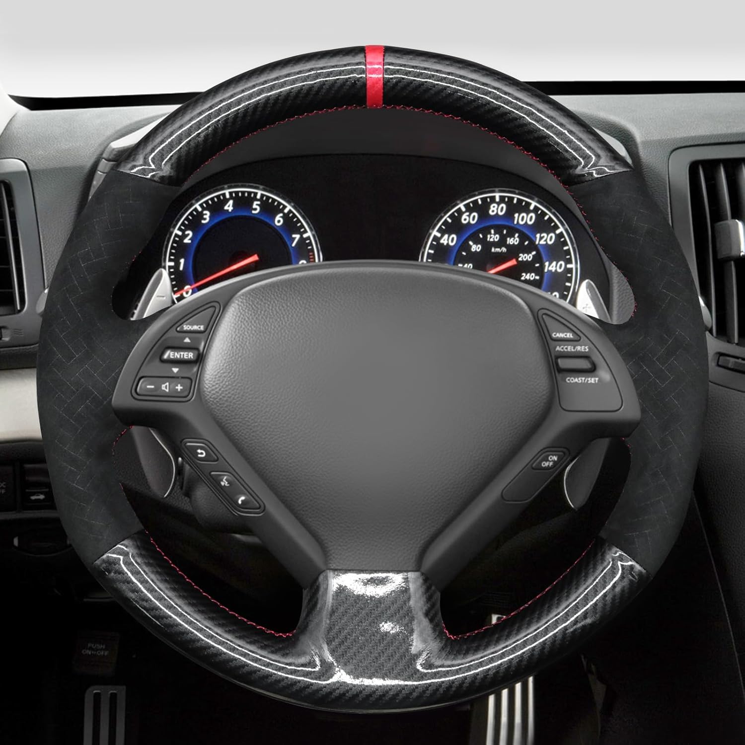 MEWANT Steering Wheel Cover for Infiniti G25 G35 G37 EX35 EX37 Q60 QX50 Made of Shiny PU Carbon Fiber Embossed Athsuede