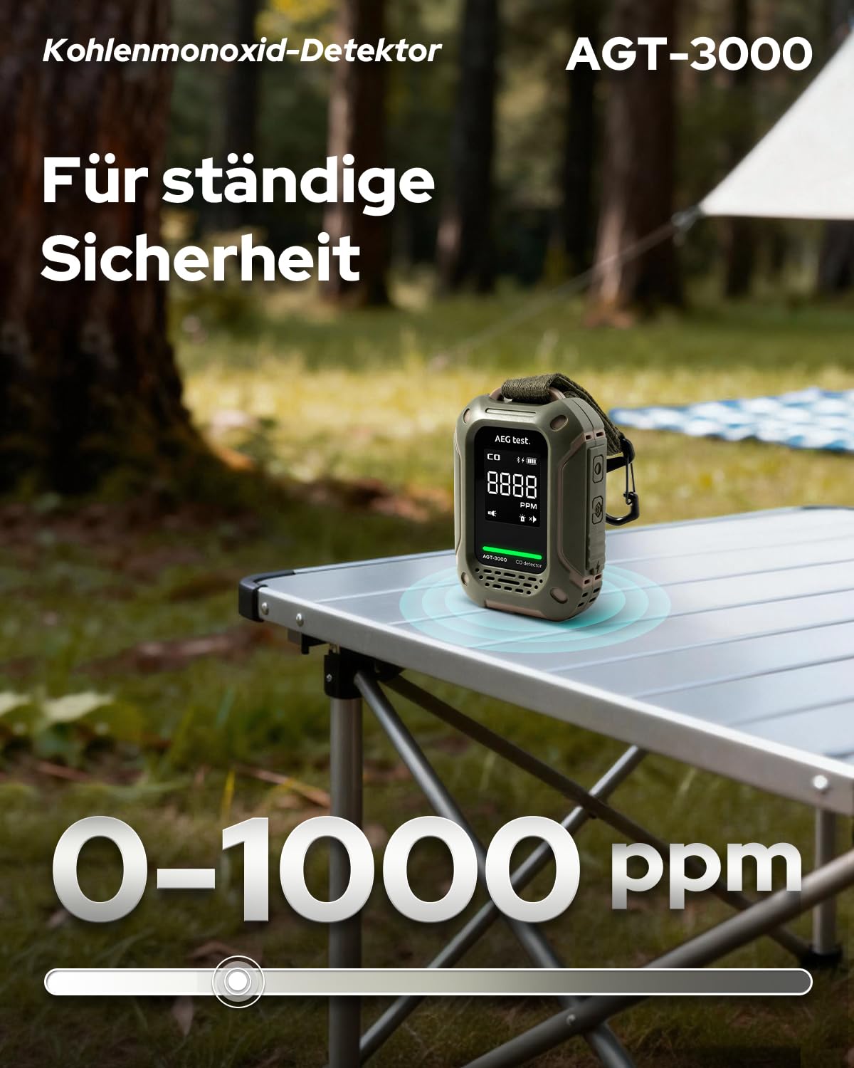 AGT-3000 Tragbarer Kohlenmonoxidmelder, 240 Std Standby, verbesserter CO-Sensor für Reisen, wiederaufladbarer CO-Detektor mit Audio- & visuellem Alarm, CO-Messgerät für Camping, 0–1000 ppm