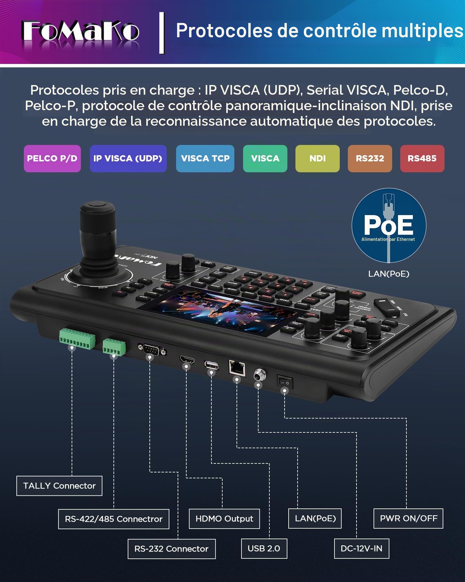 FoMaKo Contrôleur PTZ NDI Joystick Écran d'aperçu de 5.5 Pouces, Visca PELCO-D/P RS232 RS485 PoE IP, pour Service Religieux, éducation, Vidéoconférence, Diffusion en Direct (KC600)