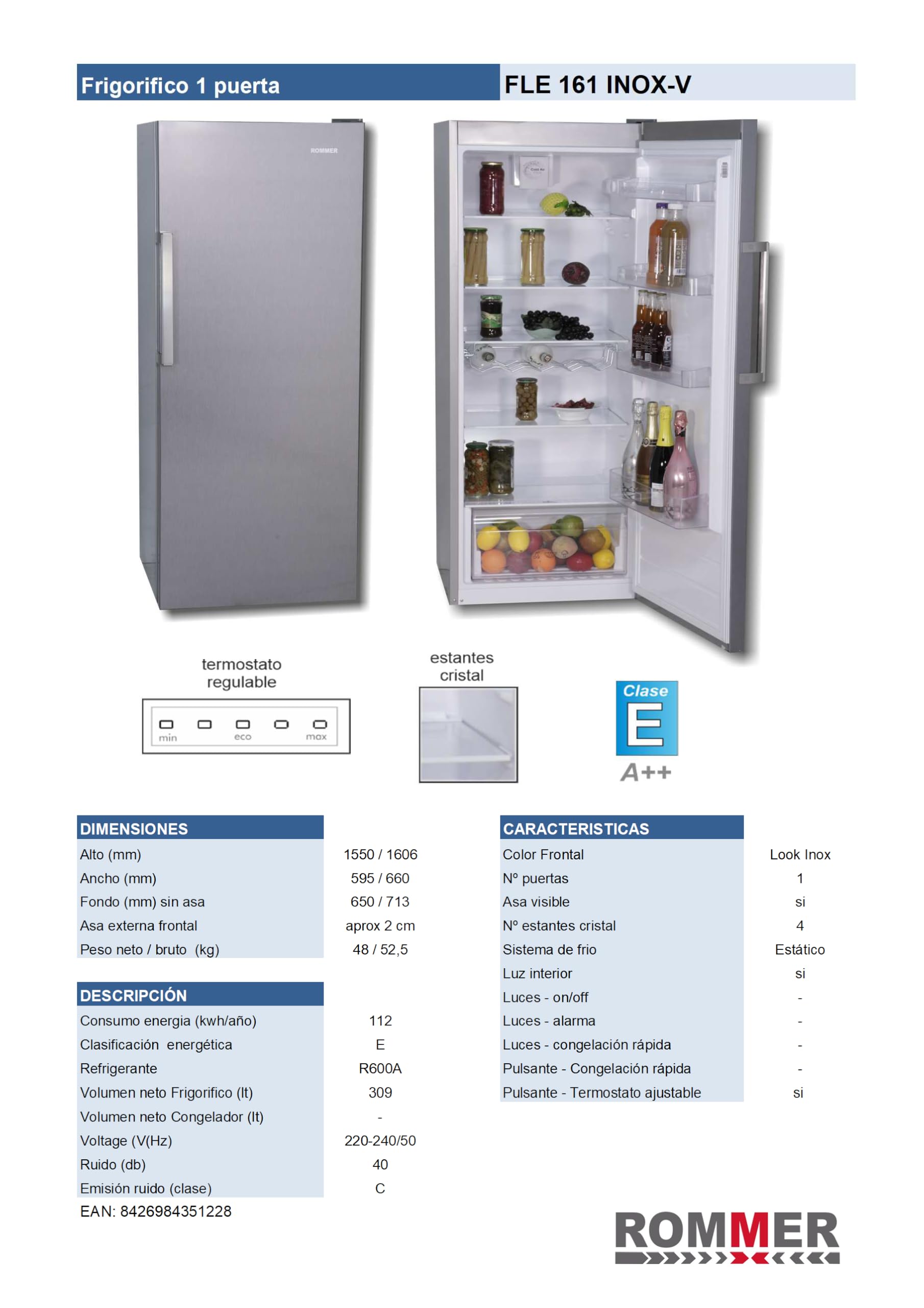 ROMMER Frigorifico FLE 161 INOX-V, Capacidad 309 Litros, Color INOX