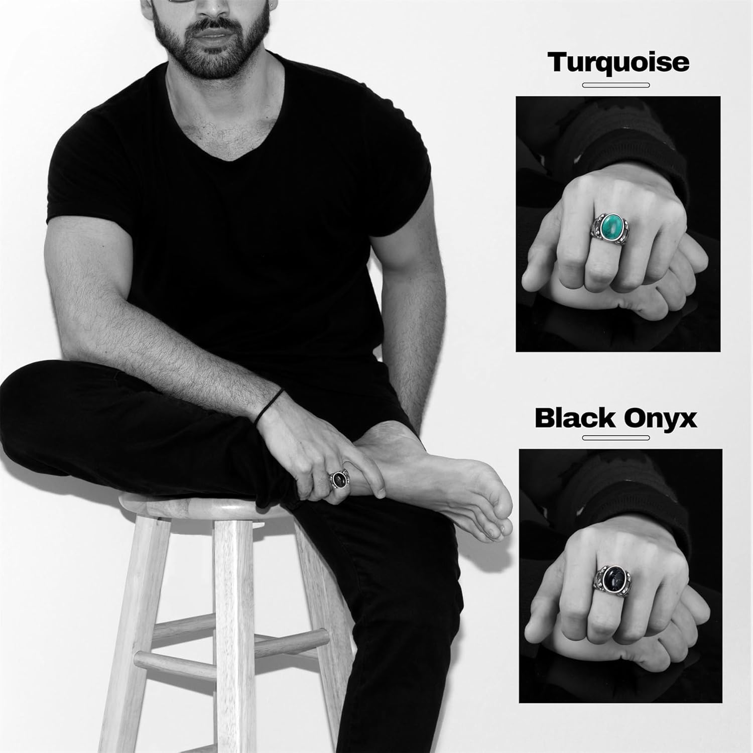 Retro Turquoise Men Rings, Black Onyx Rings for Men Stainless Steel Oval Vintage Mens Jewelry - Image 2