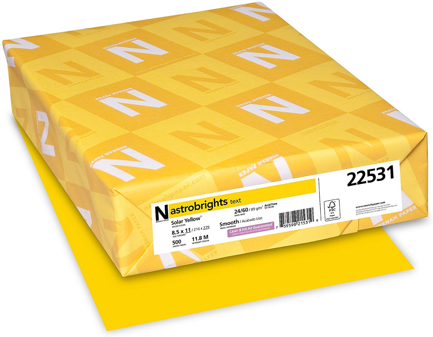 Neenah Wausau Paper 22531 Astrobrights Color Paper, 8.5" x 11", 24 lb / 89 GSM, Solar Yellow, 500 Sheets - 6 Pack