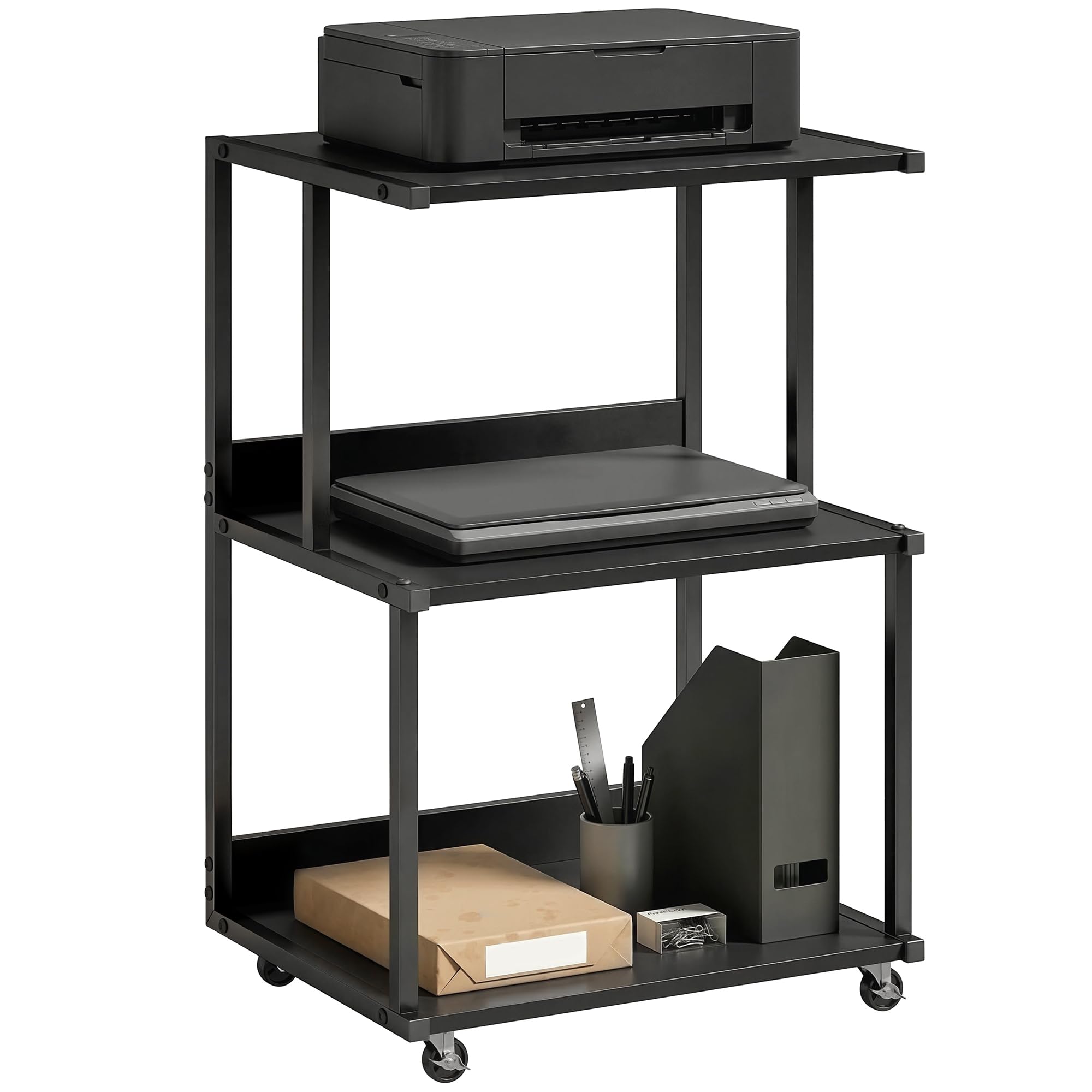 HOMCOM Carrello Porta Stampante a 3 Livelli, Supporto Stampante con Ruote con Freno, Salvaspazio in Metallo e Legno, per Casa, Studio, Ufficio, Industriale, 50x40x75cm, Nero