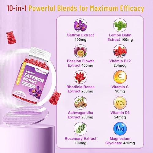 Miniatura 2 de Gomitas de extracto de azafrán, suplemento de azafrán sin azúcar, 100 mg con glicinato de magnesio y vitamina D, visión ocular, enfoque, estado de