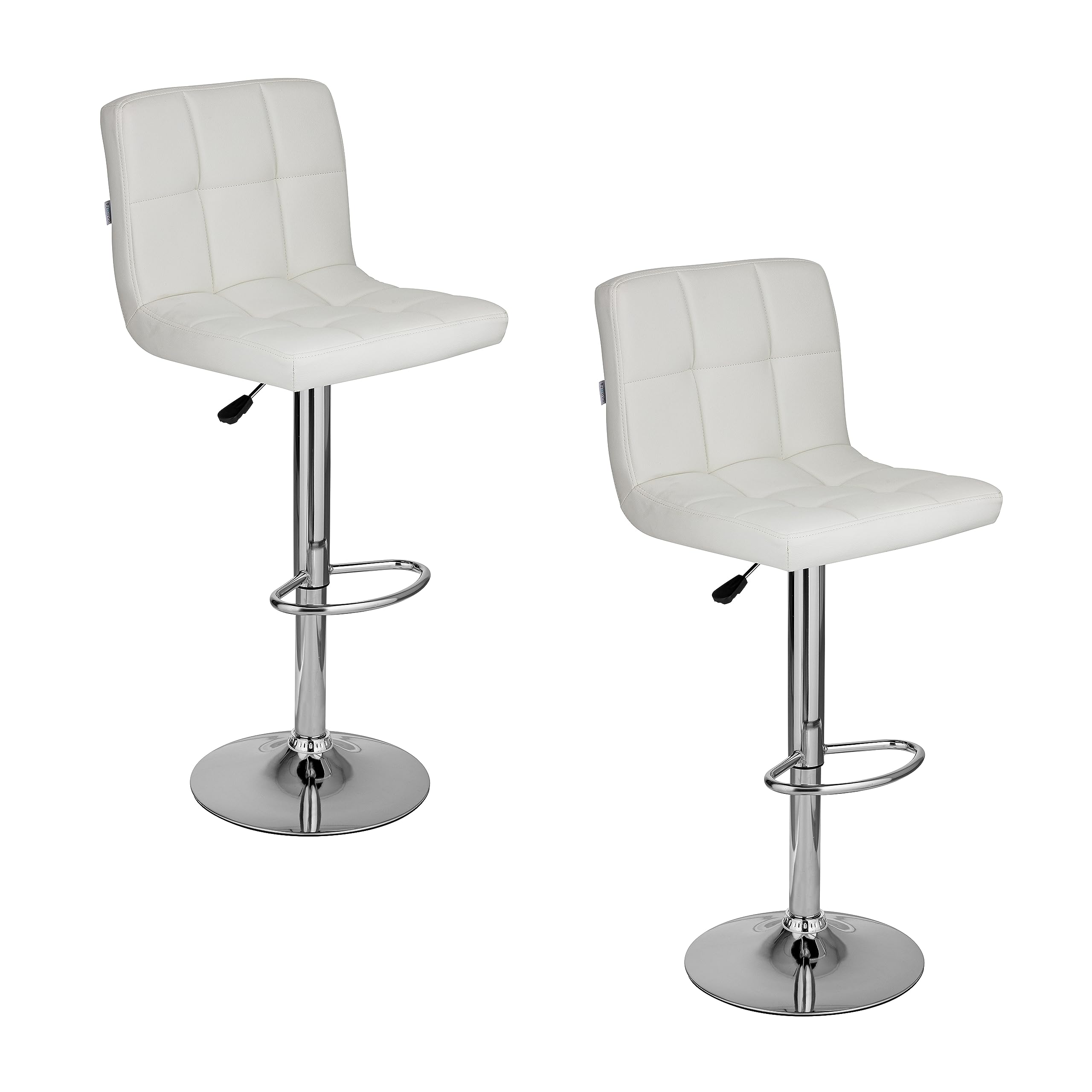 Baroni Home Set of 2 Padded Fabric Bar Stools, Adjustable and 360° Swivel with Backrest and Footrest, Chrome Steel Frame, Faux Leather White