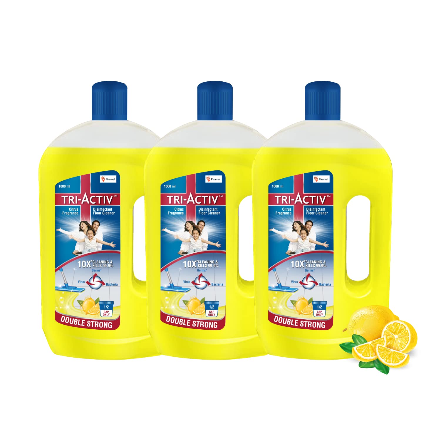 Tri-Activ Double Strong Disinfectant Floor Cleaner | Half Cap Only | 10X Cleaning with 99.9% Germ kill | Citrus Fragrance - Pack of 3 (1000ml x 3 Units), (400935022)