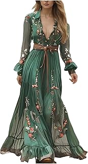 Women's Long Boho Dress Vintage Pastoral Flower V-Neck Western Dress Spring Casual Maxi Dress - Buy now
