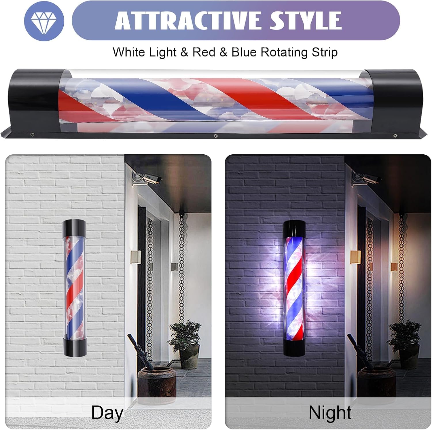 Enseigne Lumineuse Rouge, Bleue Et Blanche Pour Salon De Coiffure, Style Traditionnel. Lampe Murale Rotative Et Lumineuse.