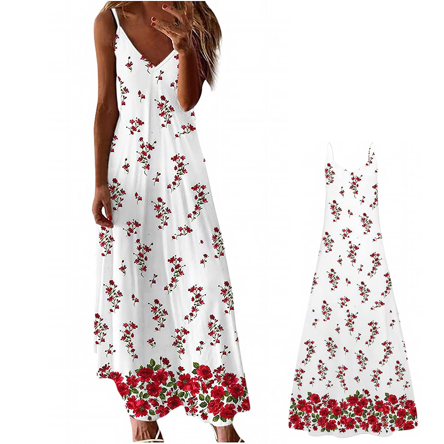 Tirantes de Pasta para Mujeres Flores Vestidos Largos de Verano Vestidos de Vacaciones Sexy de Cuello V Vestidos de Moda de Playa Tirantes Vestidos de Sol, WFFUO, F, l