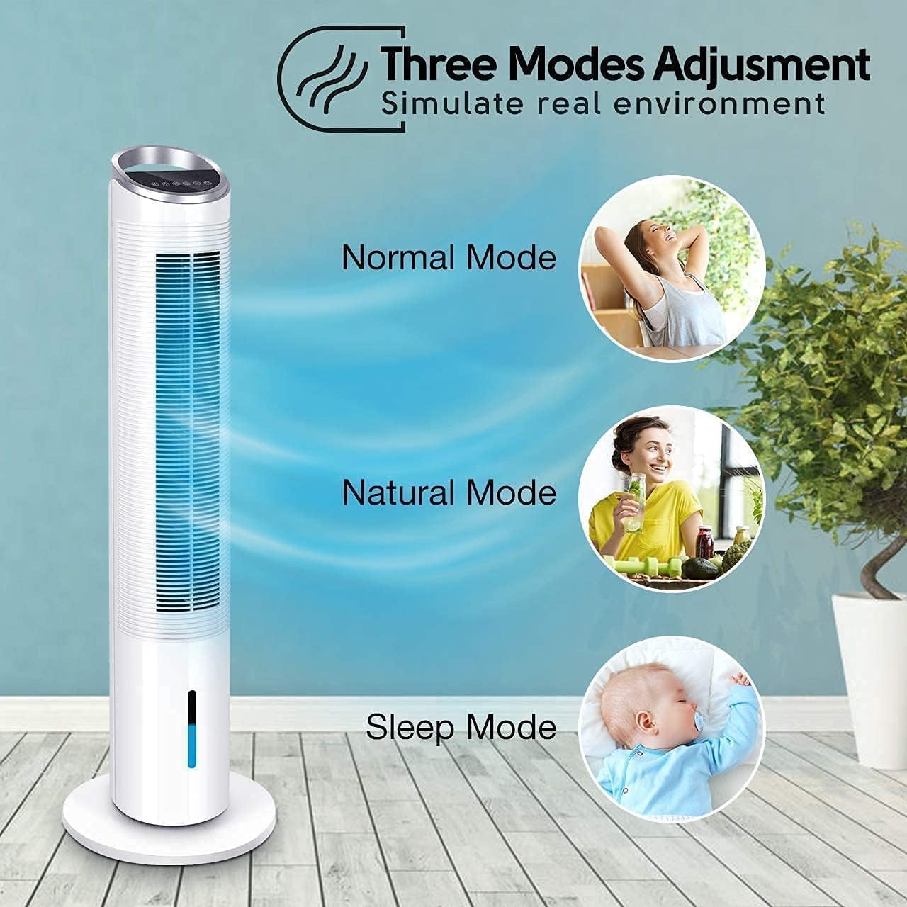Air Choice Evaporative Cooler showing three modes: Normal, Natural, Sleep