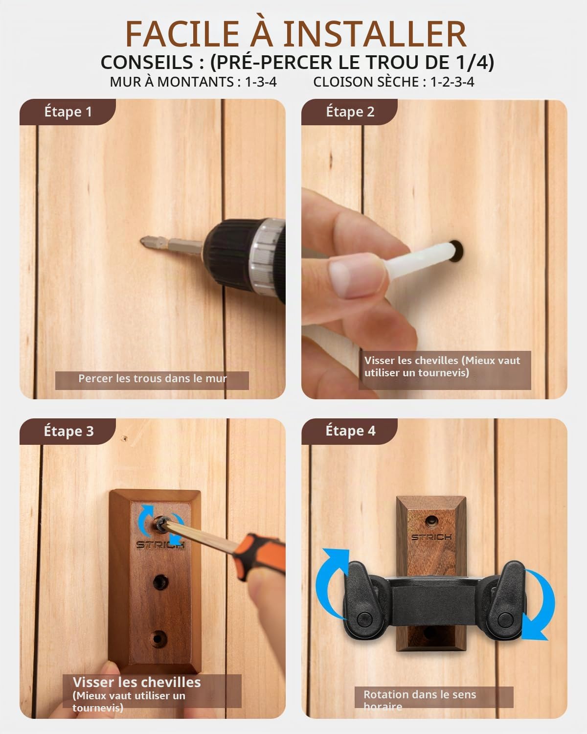 STRICH Lot de 3 supports muraux pour guitare, noyer, en forme de U avec vis, verrouillage automatique pour guitare acoustique, électrique, banjo, basse