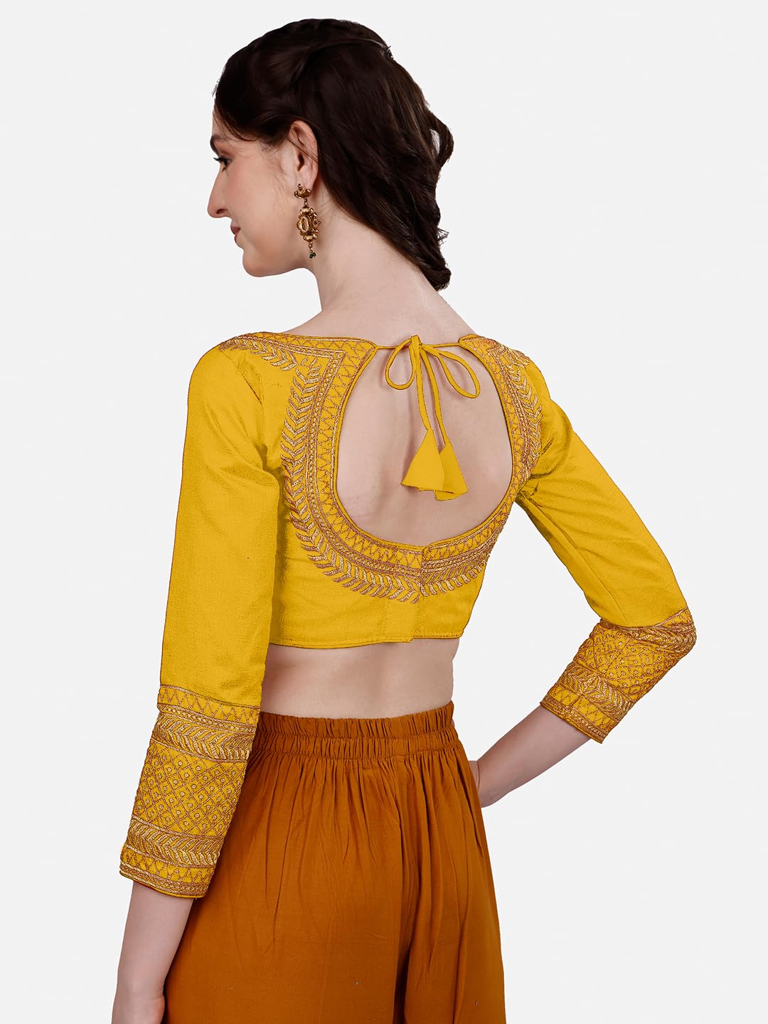 Pujia Mills Women's Milan Silk Heavy Embroidery with Sequins Worked Full Sleeve Fancy Saree Blouse Yellow(Charlie Yellow) 2
