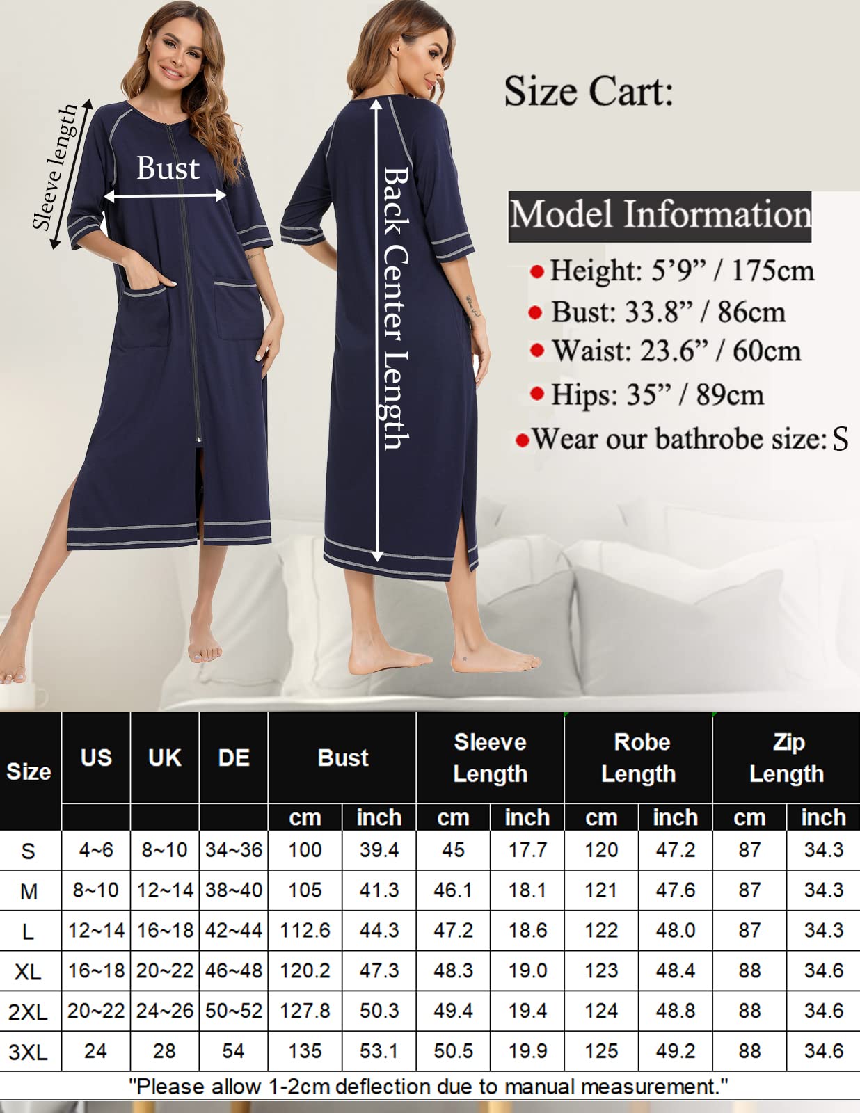 Rubehoow House Coat - Albornoz de media manga con cremallera frontal para mujer, abrigo de algodón suave con bolsillos